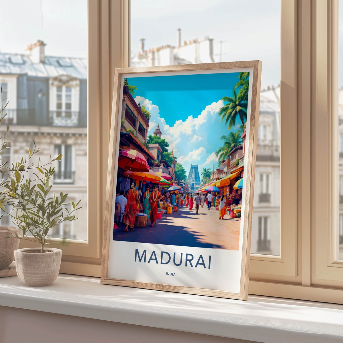Madurai Poster - India Travel Art - Tamil Nadu Colorful Market Scene Home Decor