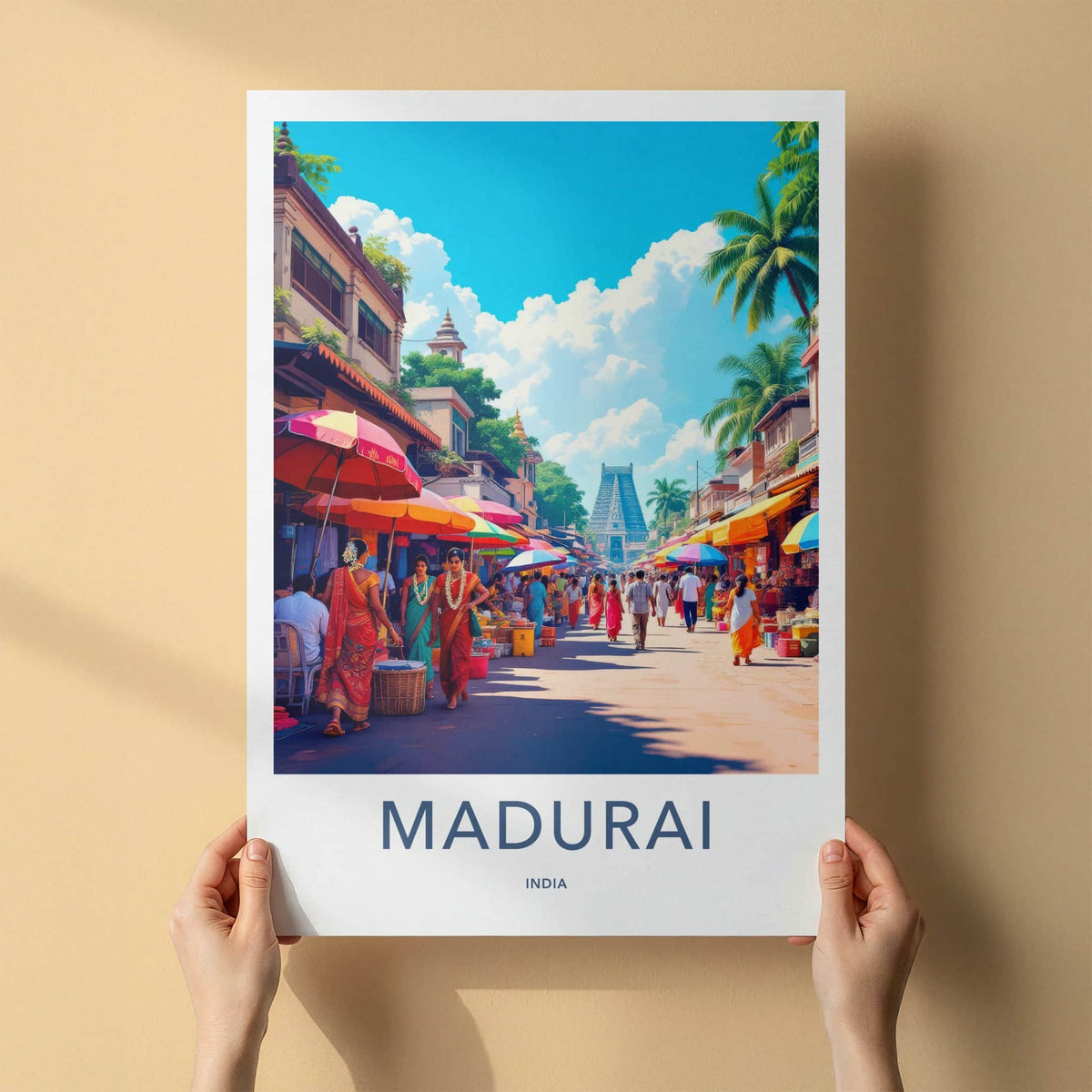Madurai Poster - India Travel Art - Tamil Nadu Colorful Market Scene Home Decor