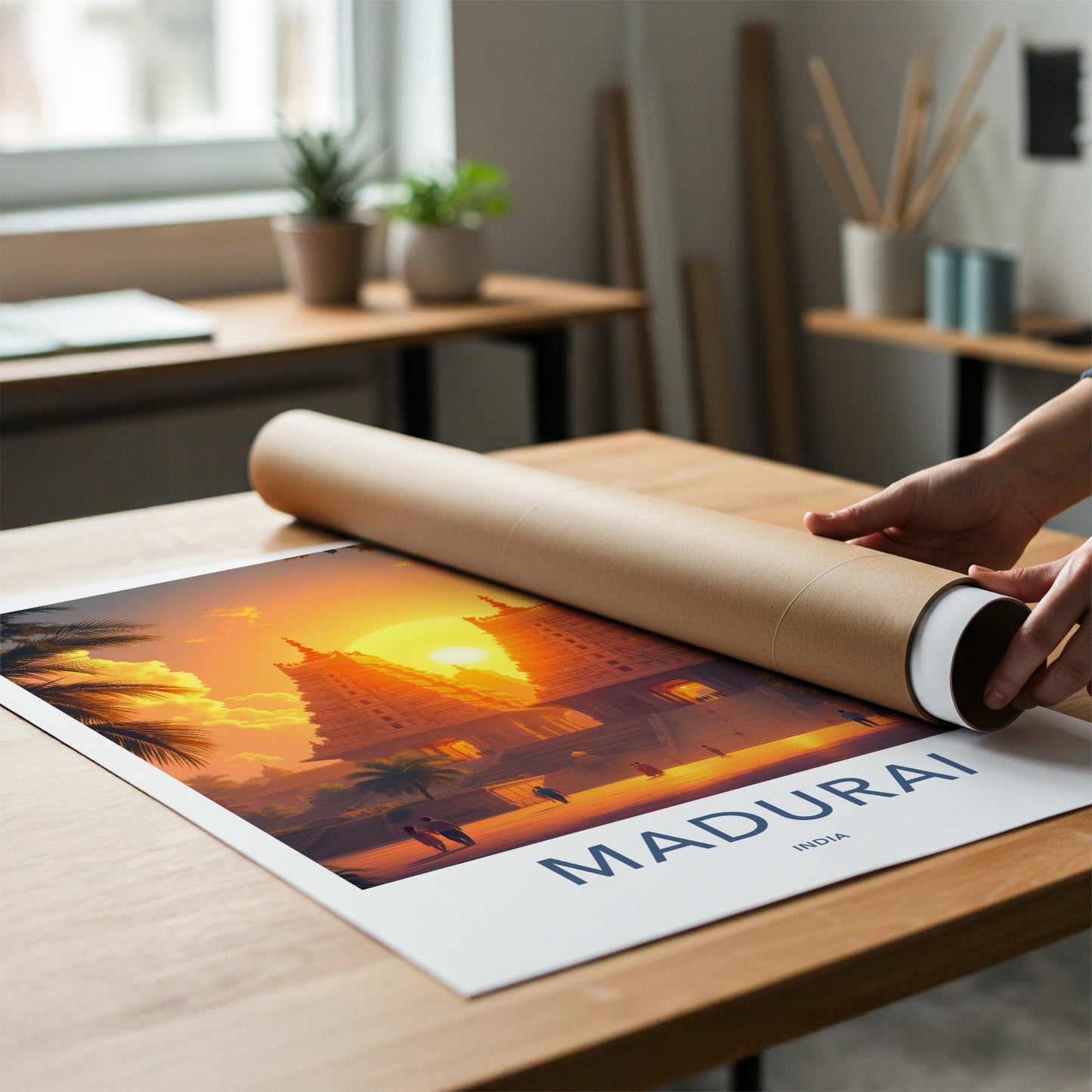 Madurai Poster - India Travel Art - Tamil Nadu Golden Temple Sunset Home Decor