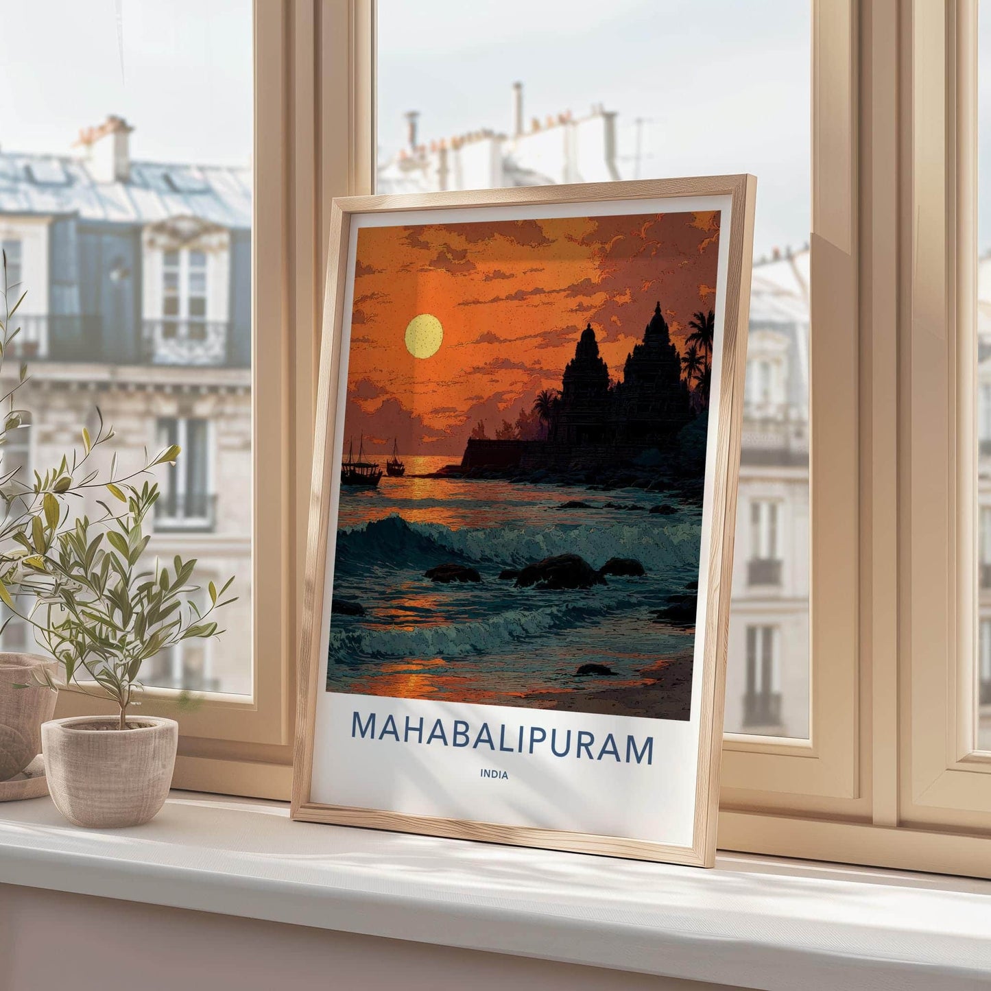 Mahabalipuram Poster - India Travel Art - Tamil Nadu Coastal Temple Sunset Home Decor