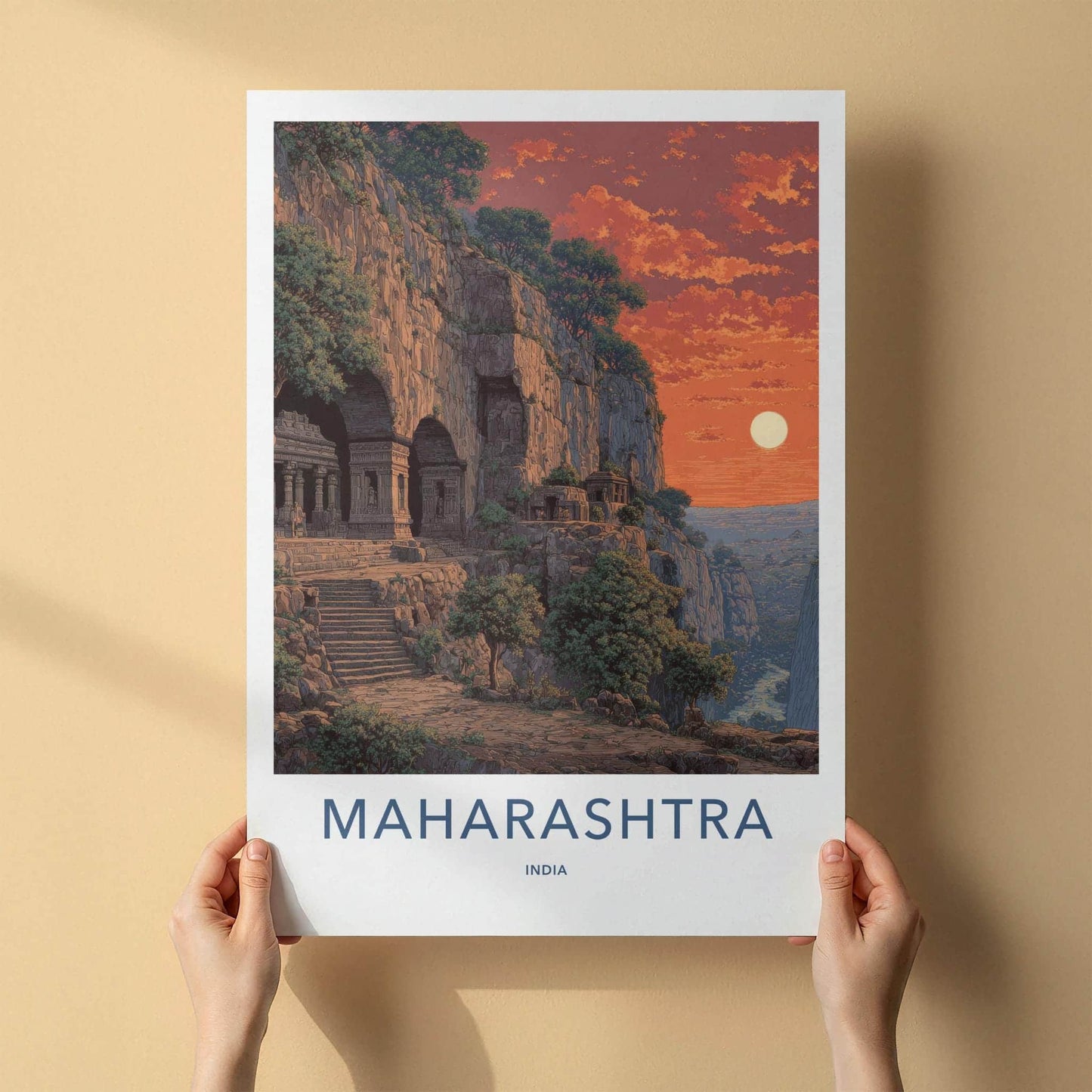 Maharashtra Poster - India Art Print - Maharashtra Caves Sunset Home Decor