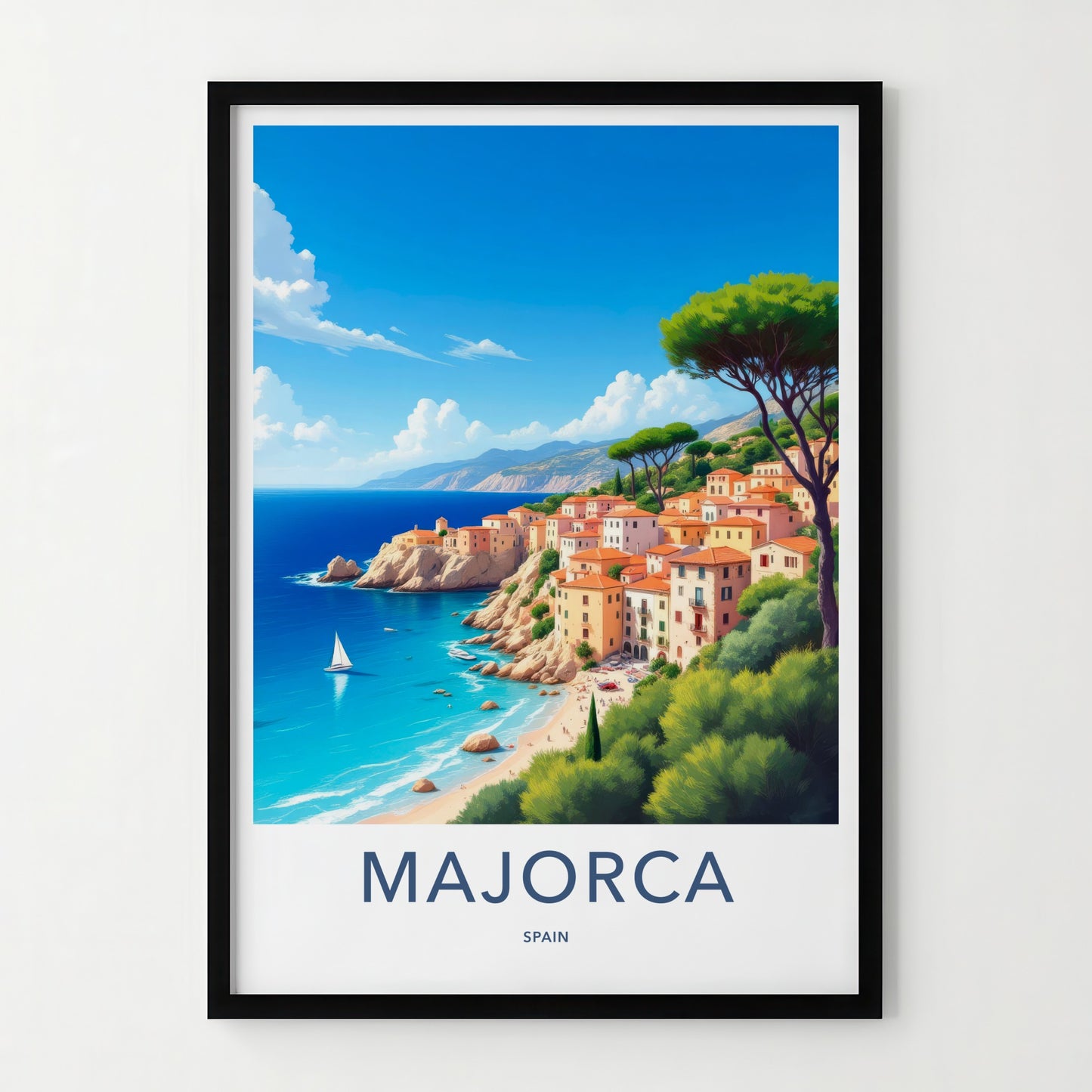 Majorca Poster - Spain Travel Art - Sunny Coastal Village Home Decor
