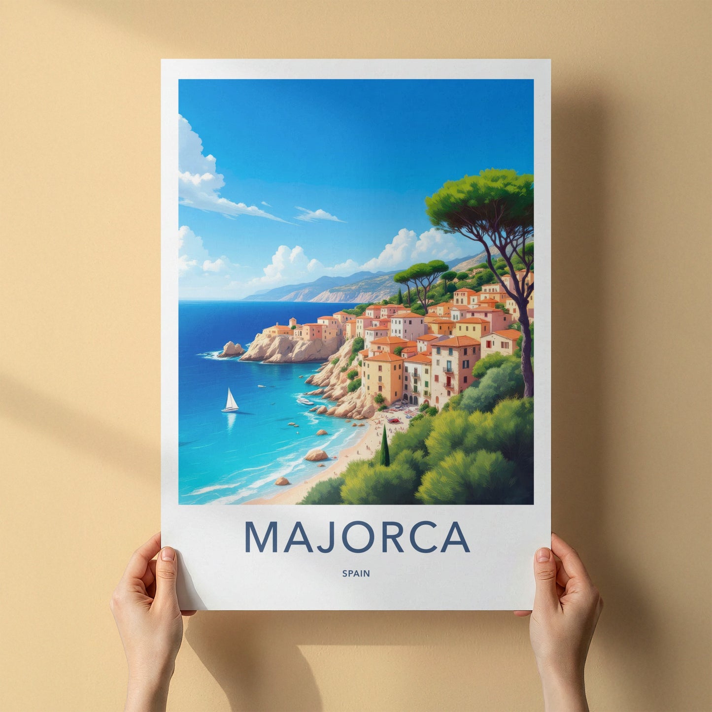 Majorca Poster - Spain Travel Art - Sunny Coastal Village Home Decor