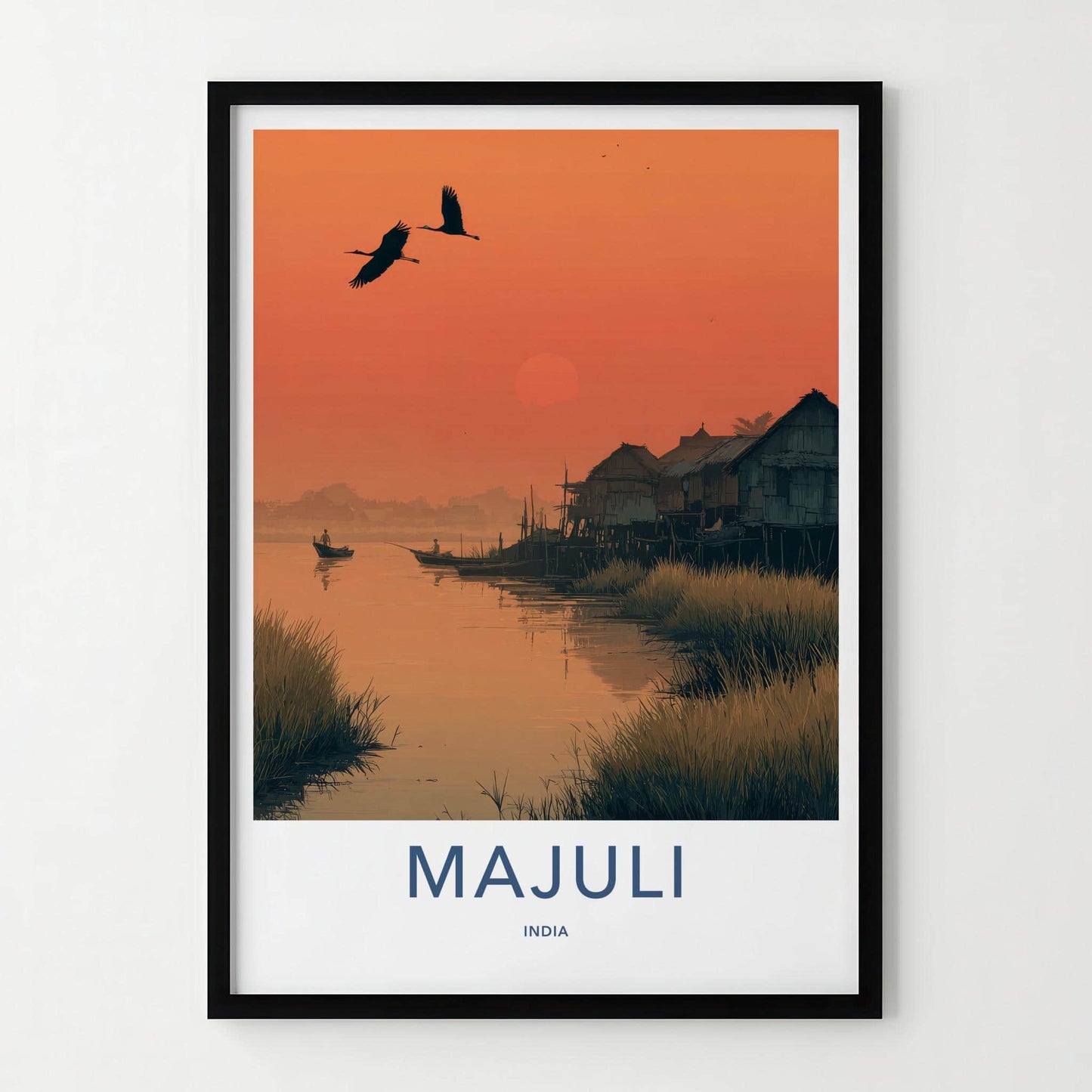Majuli Poster - India Travel Art - Assam River Village Sunset Home Decor
