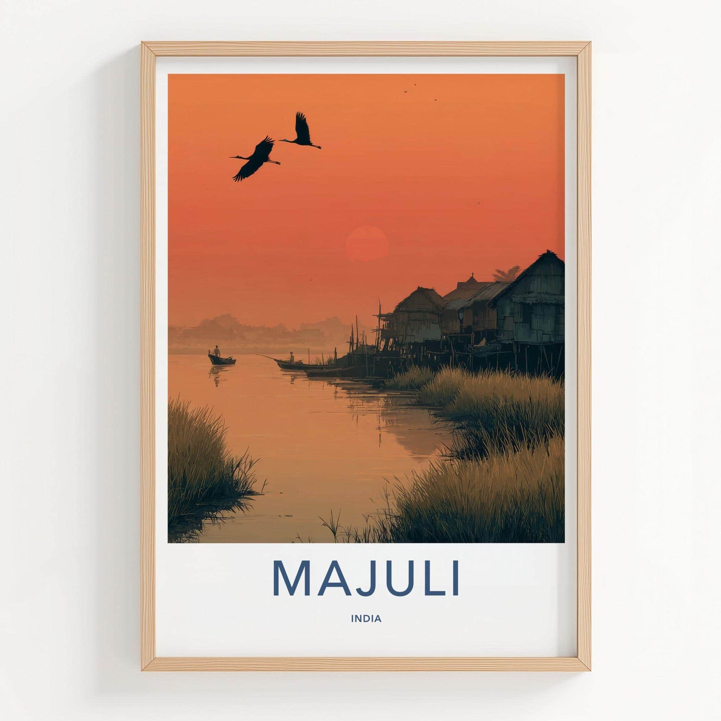 Majuli Poster - India Travel Art - Assam River Village Sunset Home Decor