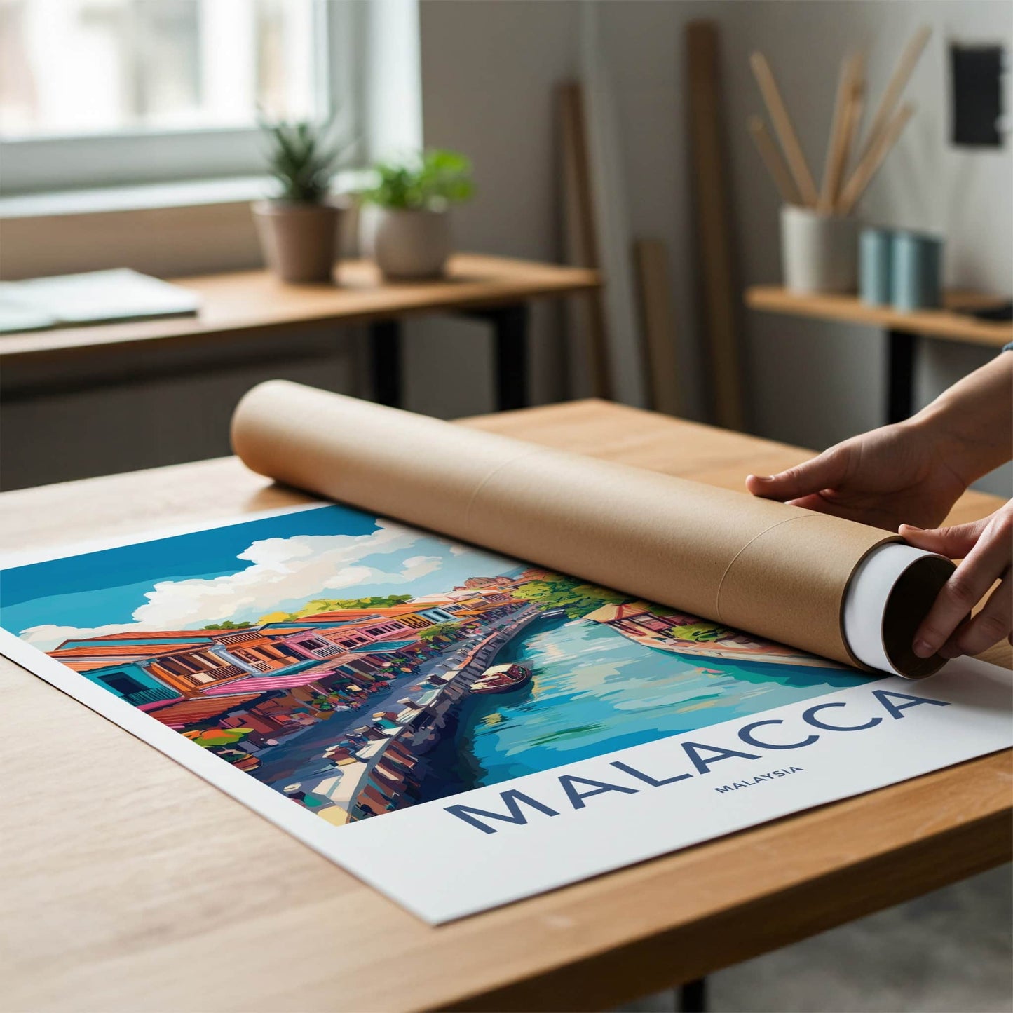 Malacca Poster - Malaysia Travel Art - Colorful Canal View Wall Decor