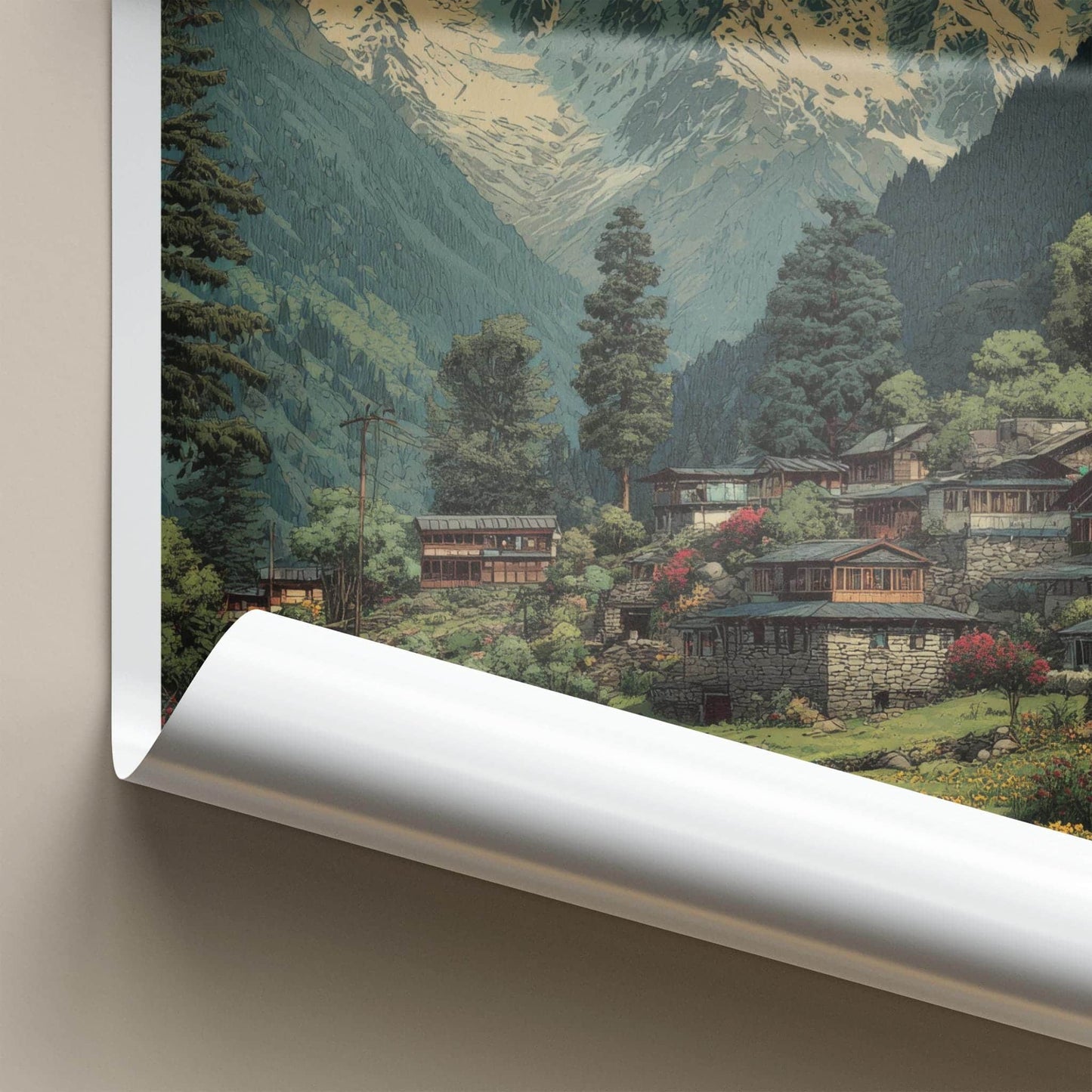 Malana Poster - India Travel Art - Himachal Pradesh Snowy Peaks Village Home Decor