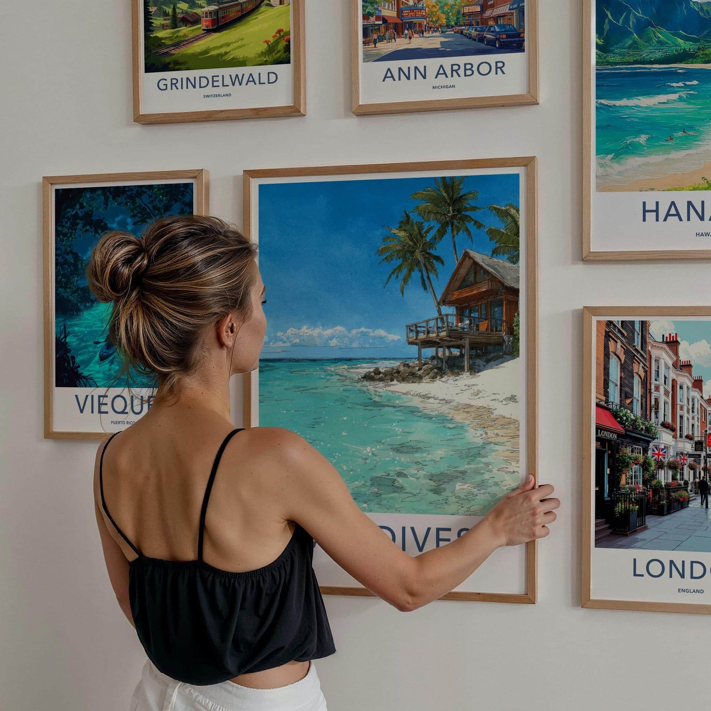 Maldives Poster - Maldives Travel Art - Beach Bungalow Clear Water Home Decor
