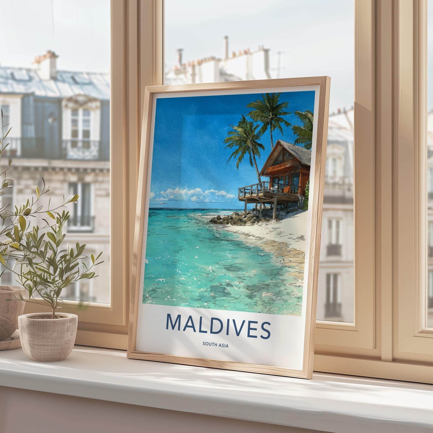 Maldives Poster - Maldives Travel Art - Beach Bungalow Clear Water Home Decor