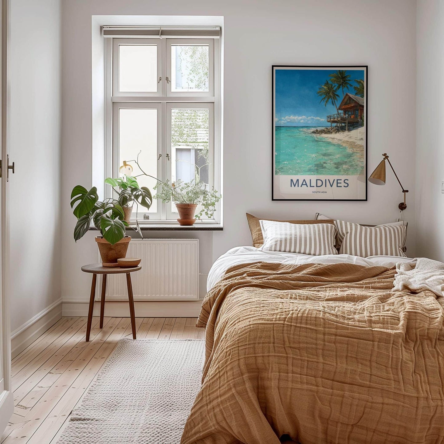Maldives Poster - Maldives Travel Art - Beach Bungalow Clear Water Home Decor