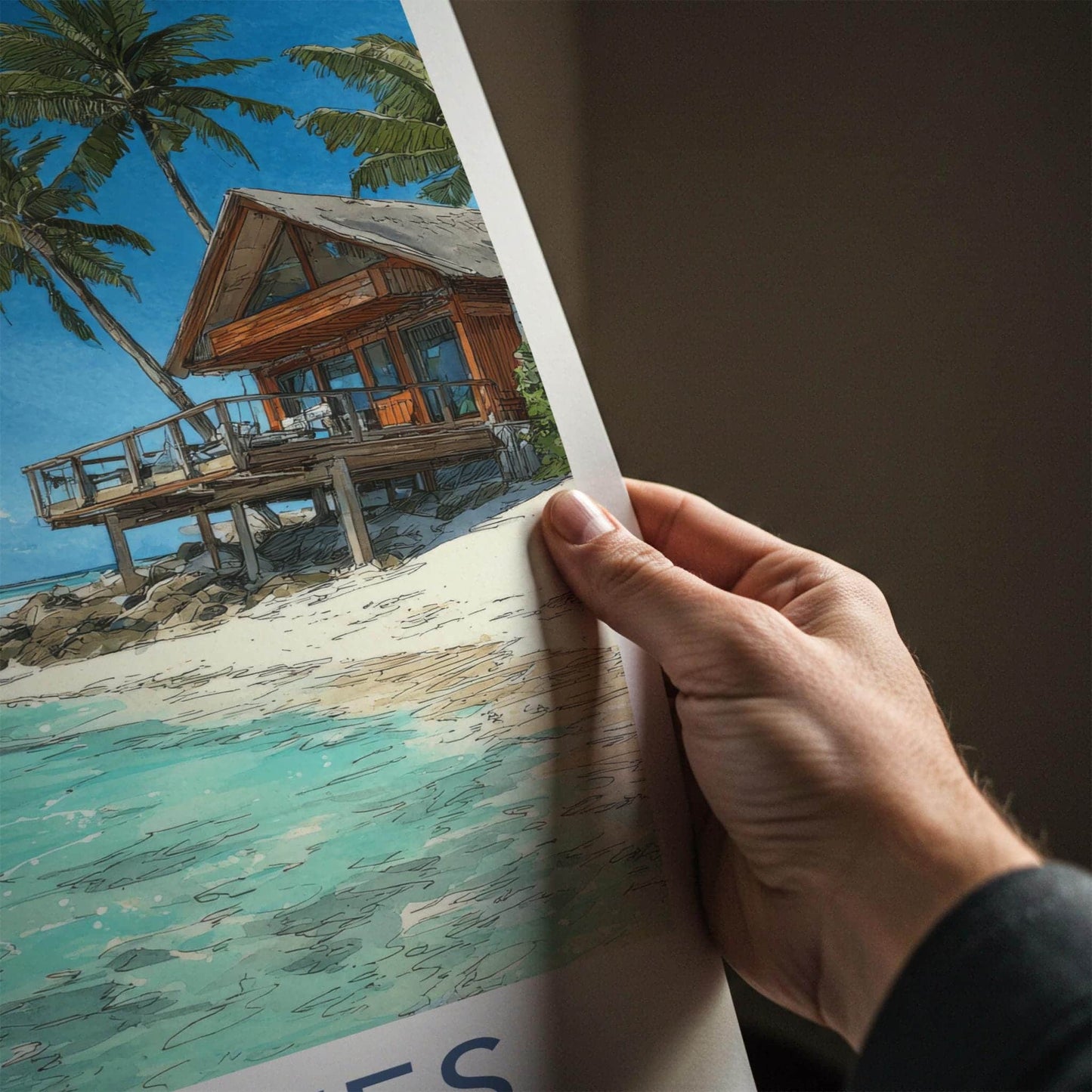 Maldives Poster - Maldives Travel Art - Beach Bungalow Clear Water Home Decor