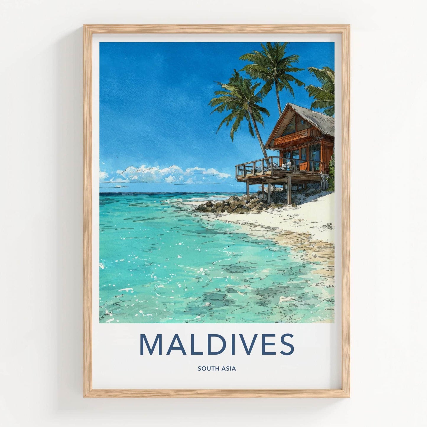 Maldives Poster - Maldives Travel Art - Beach Bungalow Clear Water Home Decor