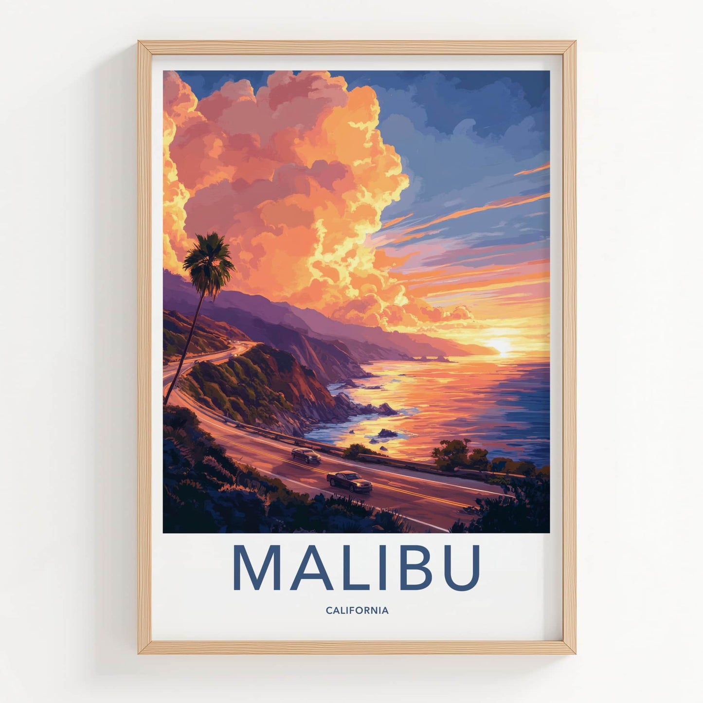 Malibu Poster - California Framed Print - Ocean Road Sunset Lounge Decor