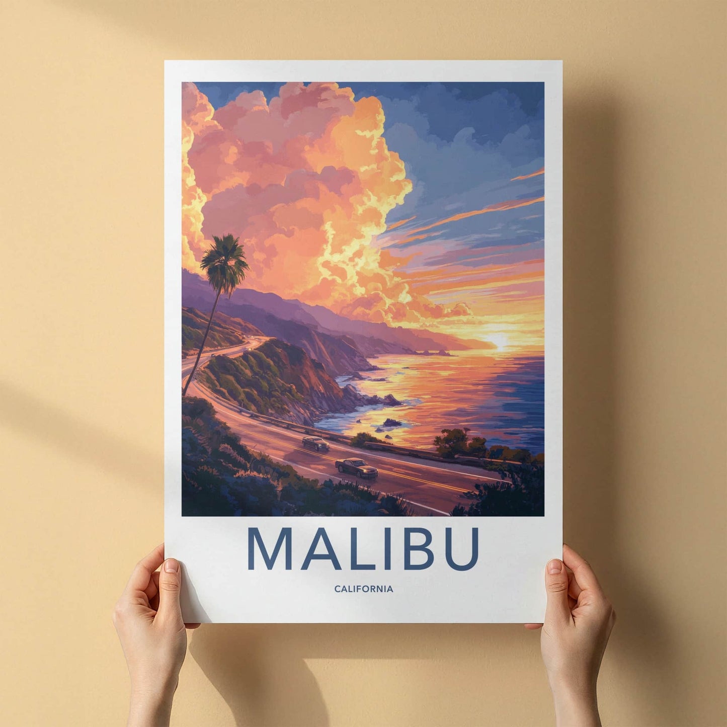 Malibu Poster - California Framed Print - Ocean Road Sunset Lounge Decor