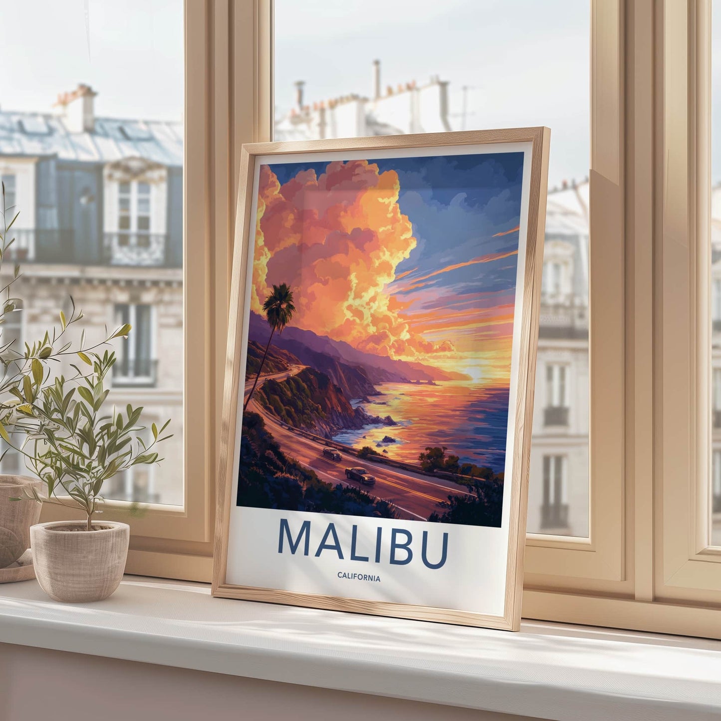 Malibu Poster - California Framed Print - Ocean Road Sunset Lounge Decor