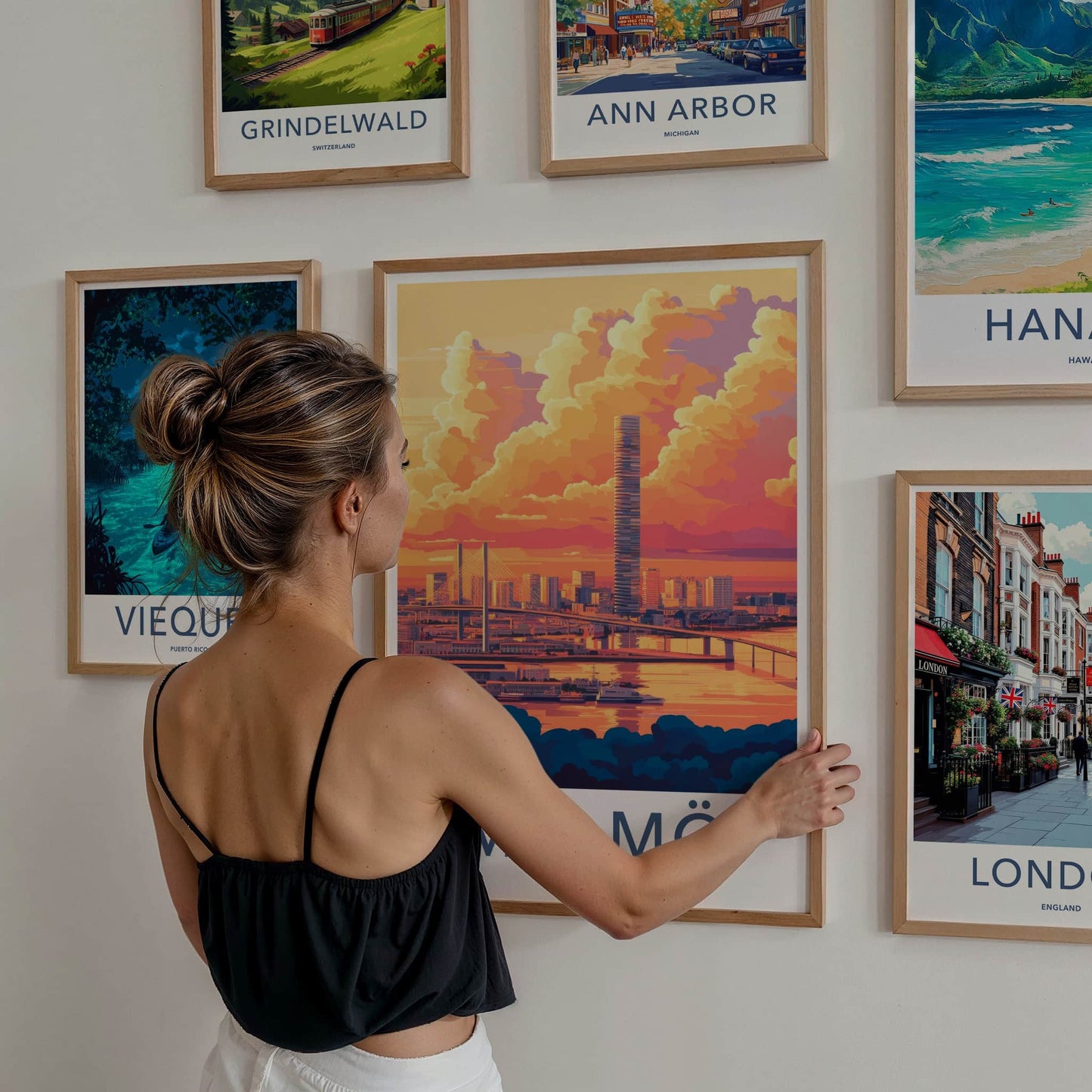 Malmo Poster - Sweden Travel Art - Sunset Cityscape Bridge Home Decor