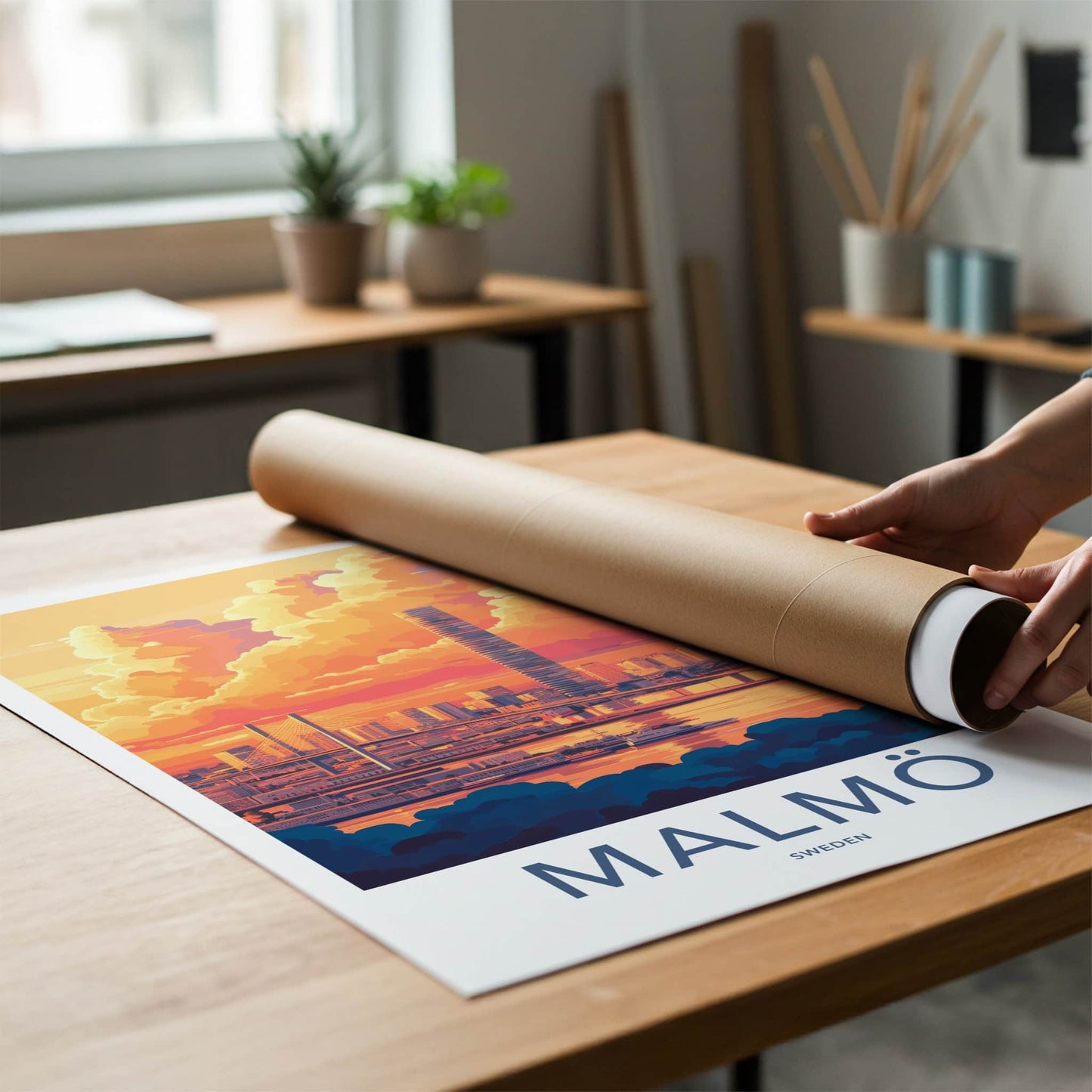 Malmo Poster - Sweden Travel Art - Sunset Cityscape Bridge Home Decor