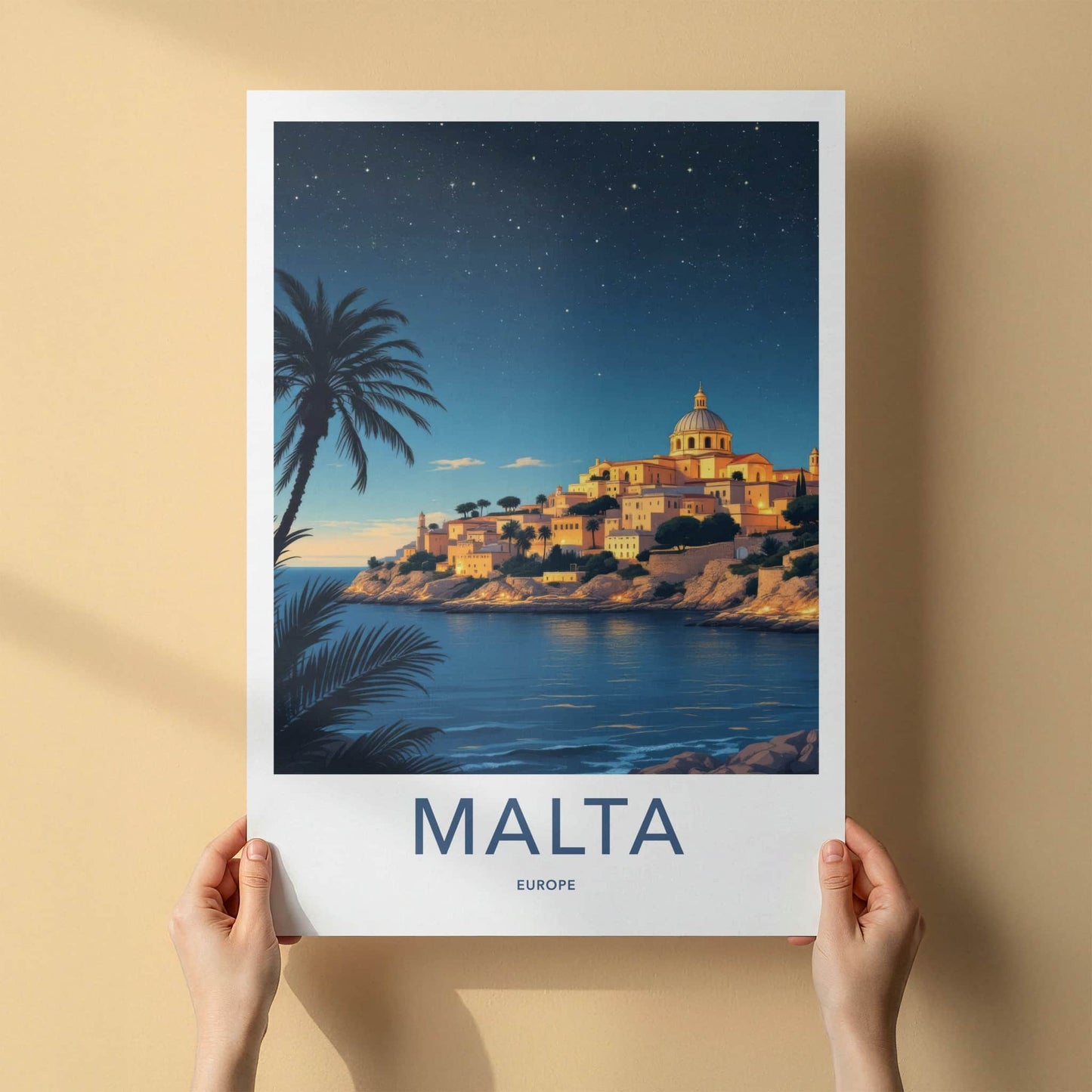 Malta Poster - Europe Travel Art - Coastal Town Starry Home Decor