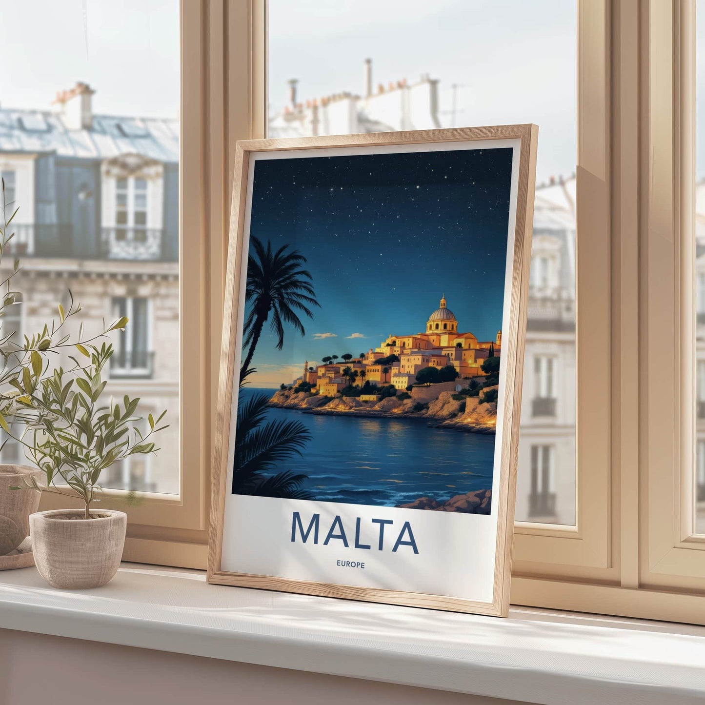 Malta Poster - Europe Travel Art - Coastal Town Starry Home Decor