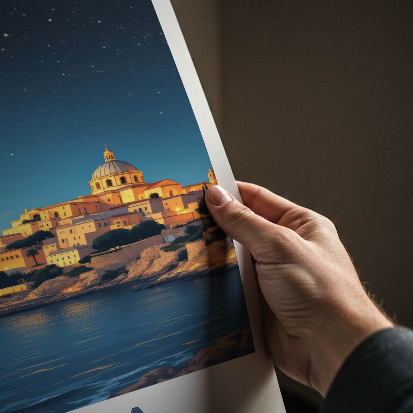 Malta Poster - Europe Travel Art - Coastal Town Starry Home Decor