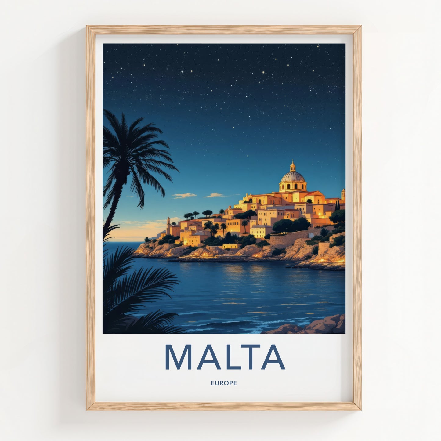 Malta Poster - Europe Travel Art - Coastal Town Starry Home Decor