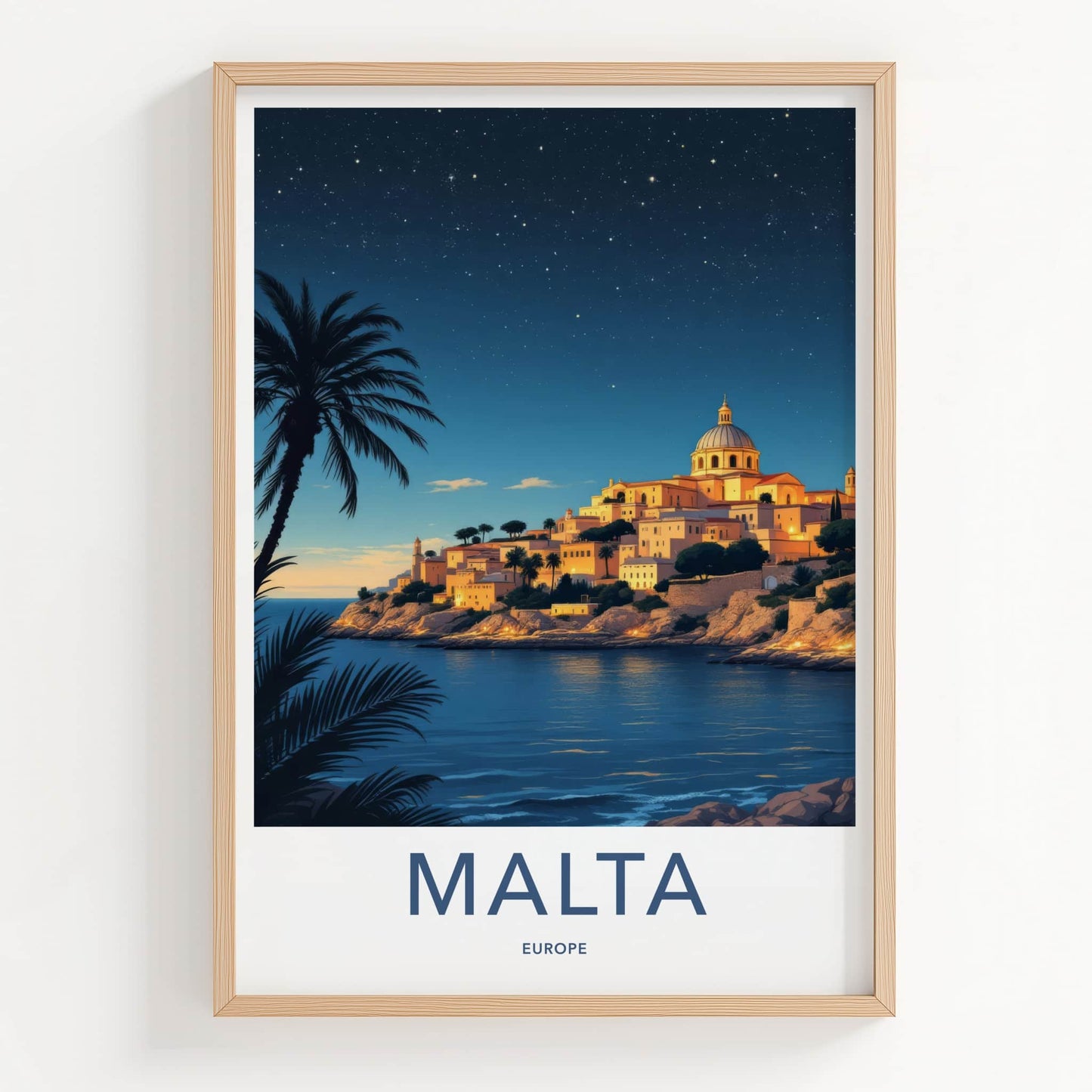 Malta Poster - Europe Travel Art - Coastal Town Starry Home Decor