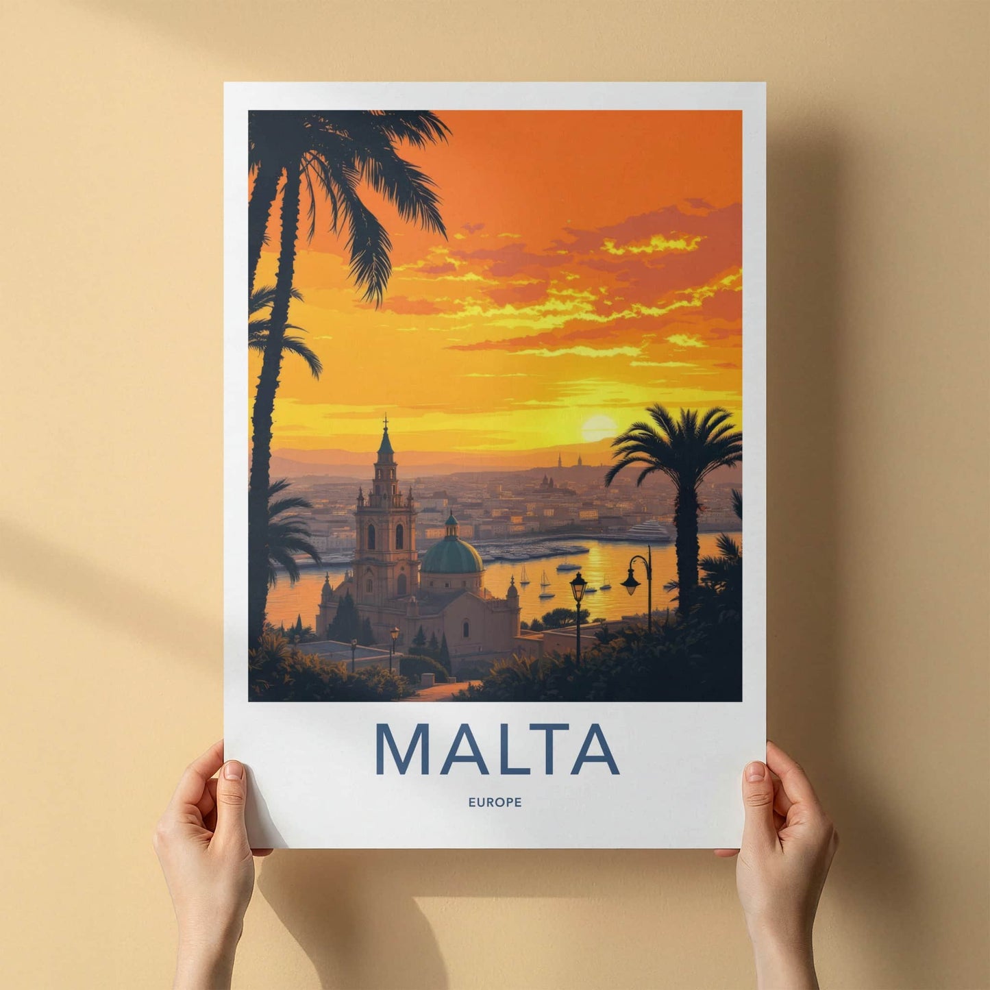 Malta Poster - Europe Travel Print - Vibrant Sunset Harbor Lounge Decor