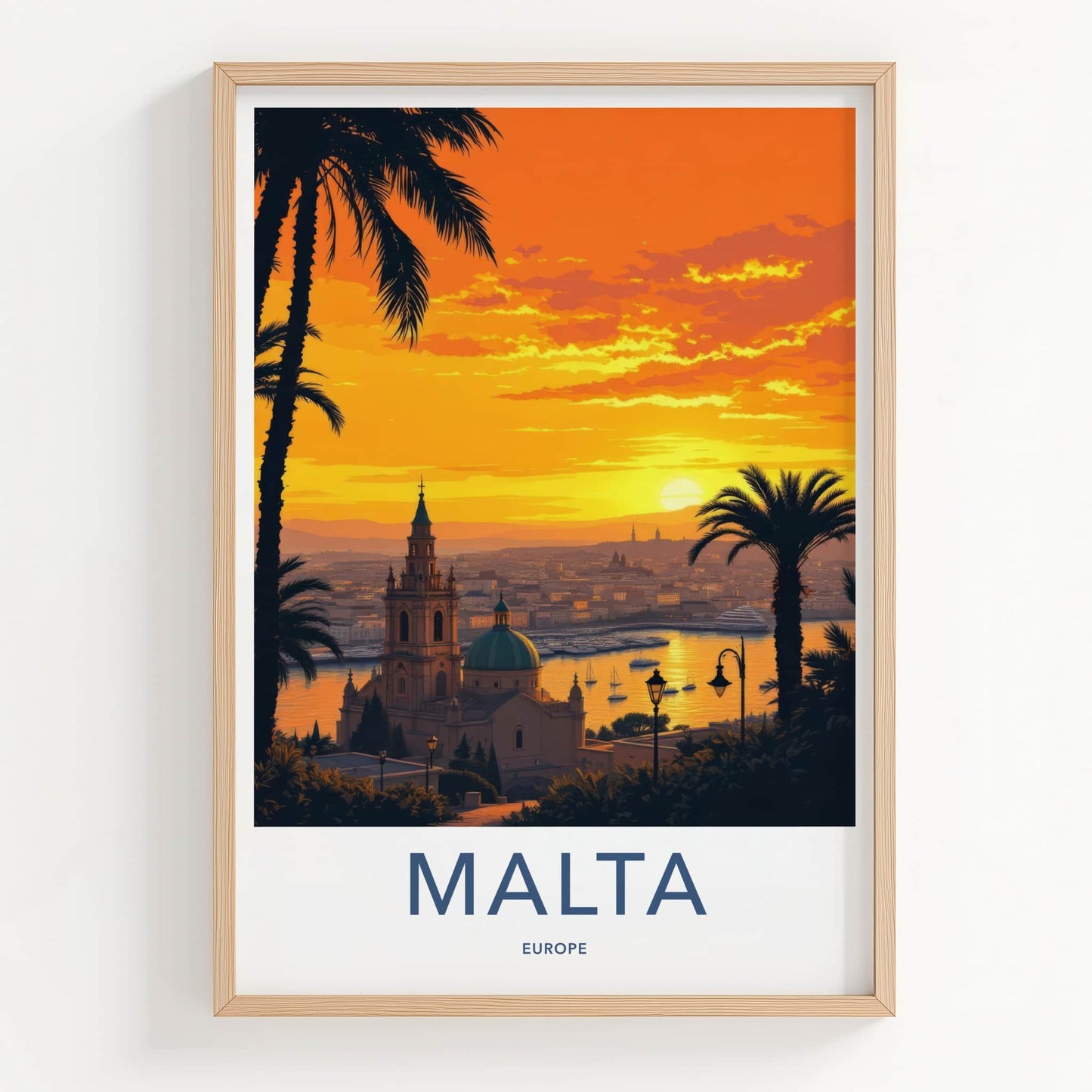 Malta Poster - Europe Travel Print - Vibrant Sunset Harbor Lounge Decor