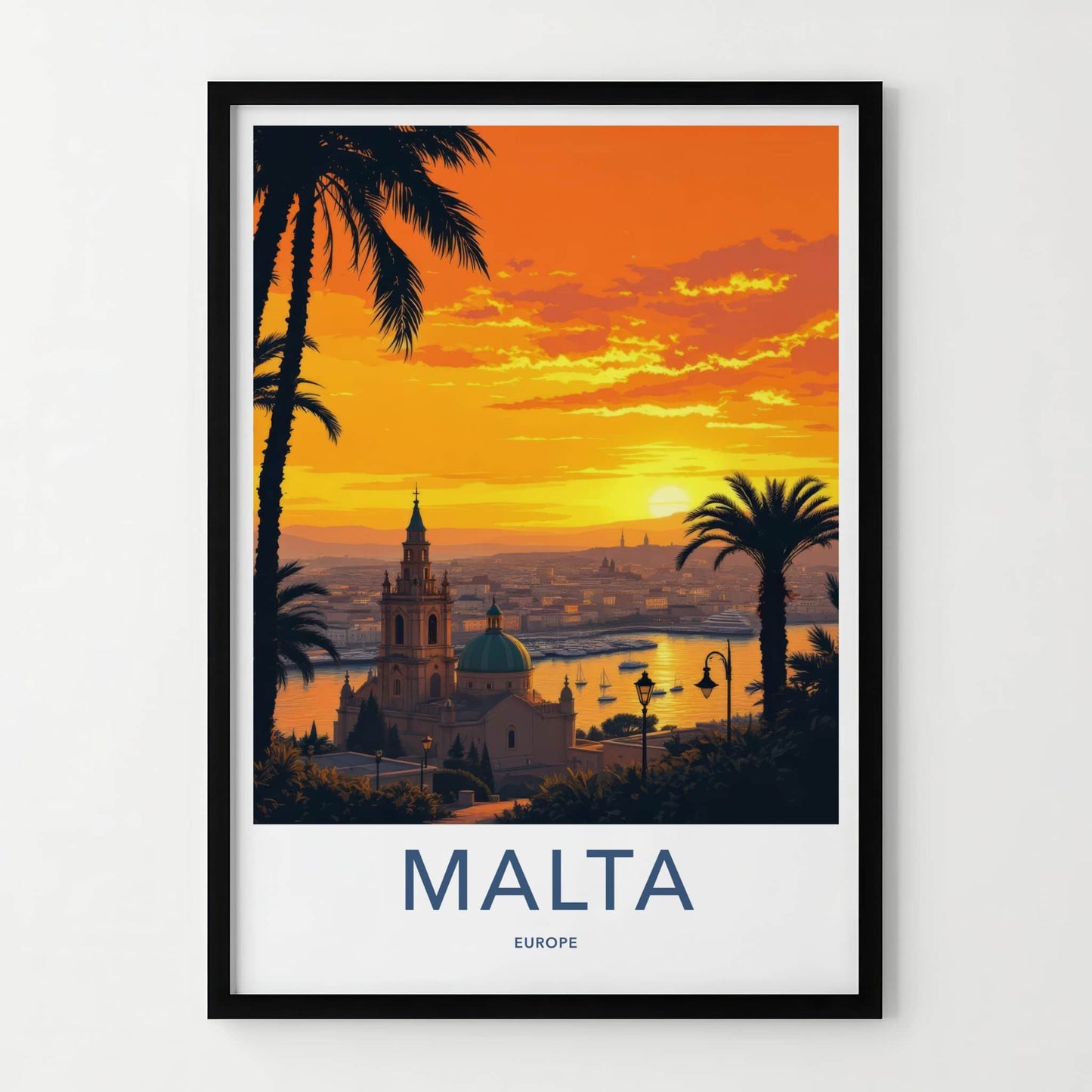 Malta Poster - Europe Travel Print - Vibrant Sunset Harbor Lounge Decor