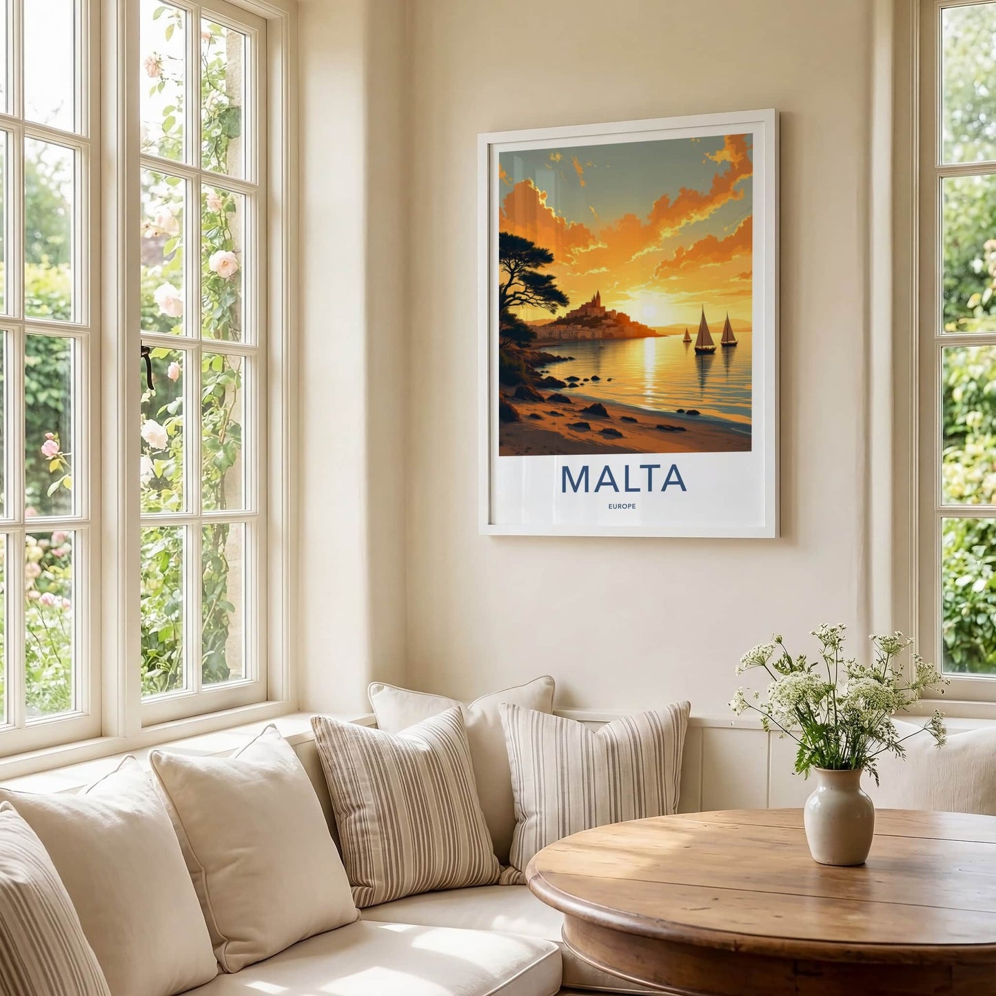 Malta Poster - Malta Travel Art - Golden Sunset Sailing Boats Wall Decor