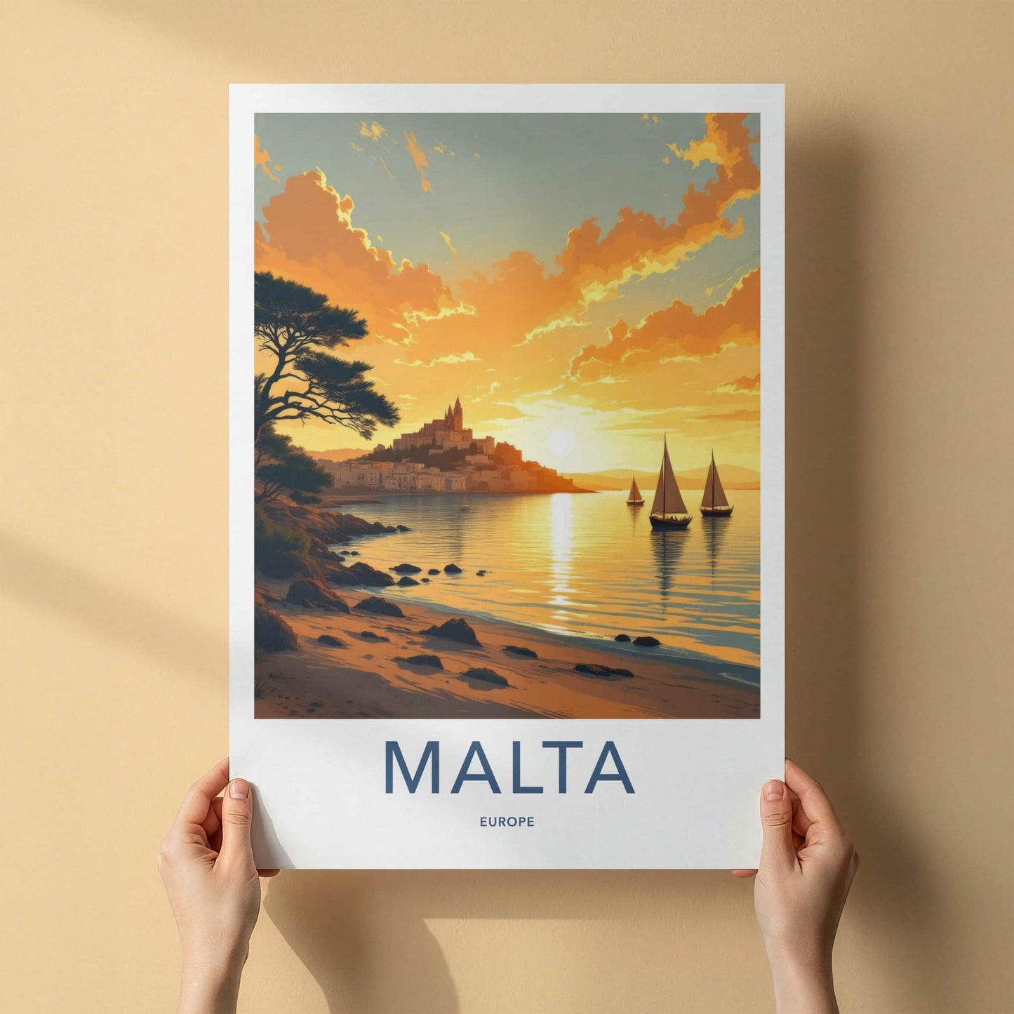 Malta Poster - Malta Travel Art - Golden Sunset Sailing Boats Wall Decor
