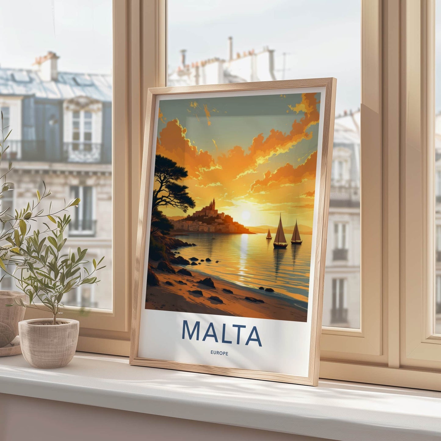 Malta Poster - Malta Travel Art - Golden Sunset Sailing Boats Wall Decor