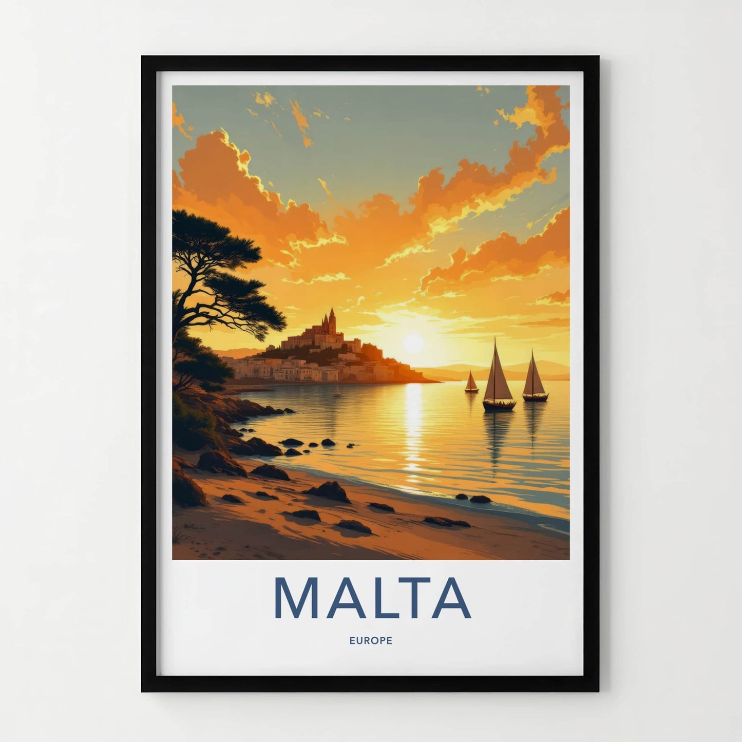 Malta Poster - Malta Travel Art - Golden Sunset Sailing Boats Wall Decor