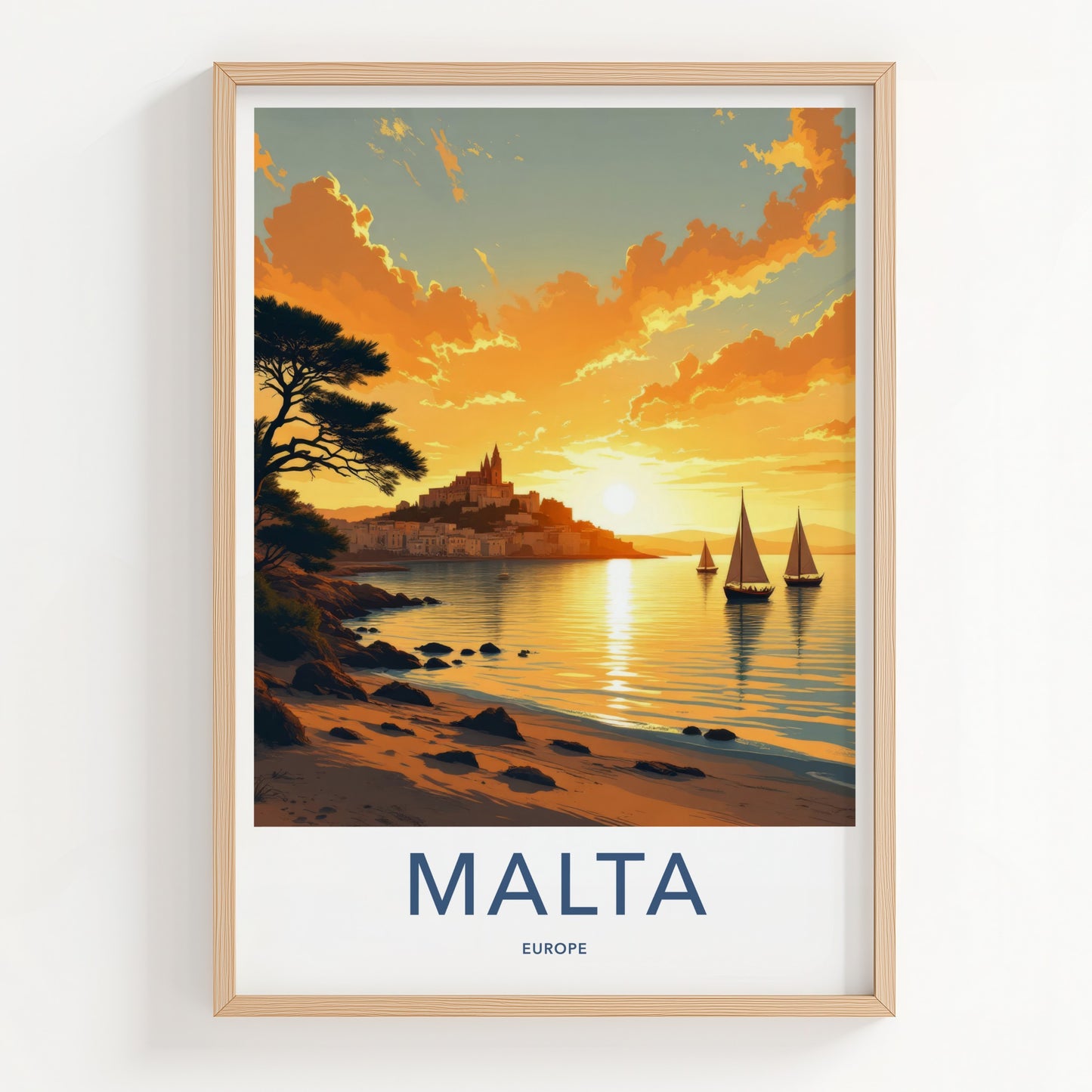 Malta Poster - Malta Travel Art - Golden Sunset Sailing Boats Wall Decor