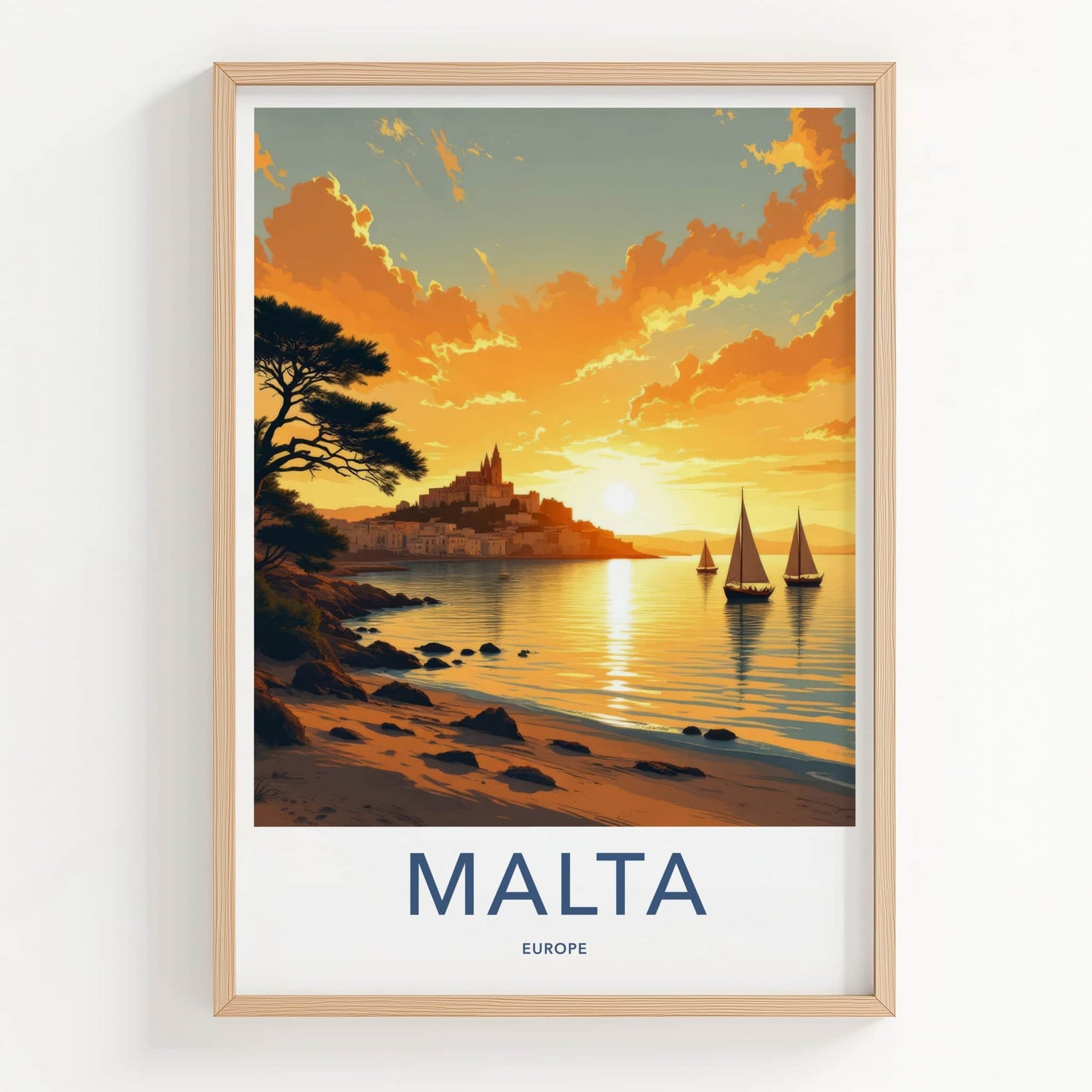 Malta Poster - Malta Travel Art - Golden Sunset Sailing Boats Wall Decor