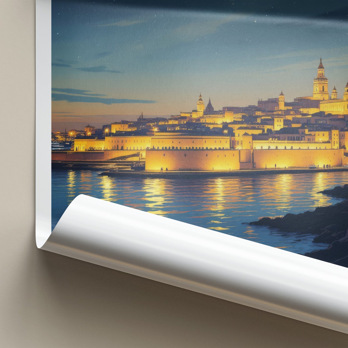 Malta Poster - Malta Travel Art - Illuminated City Reflections Wall Decor