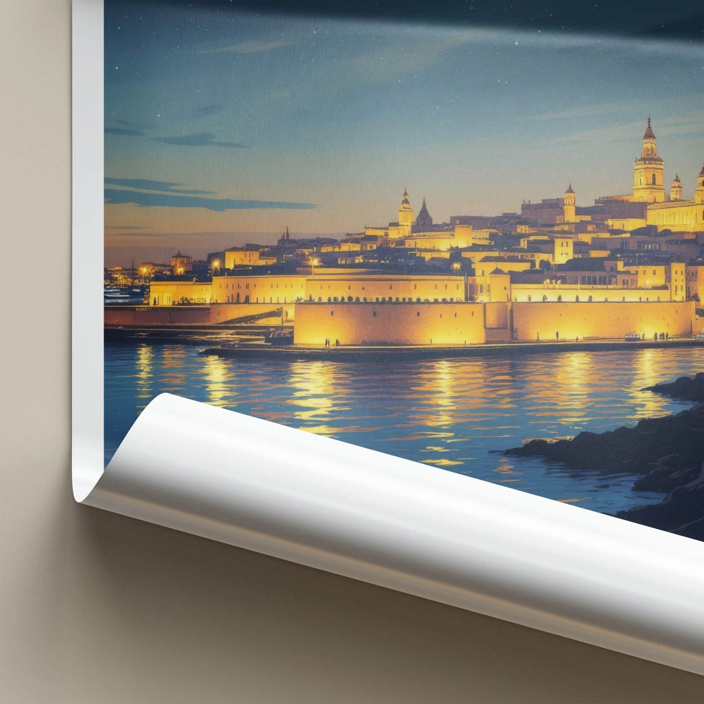 Malta Poster - Malta Travel Art - Illuminated City Reflections Wall Decor