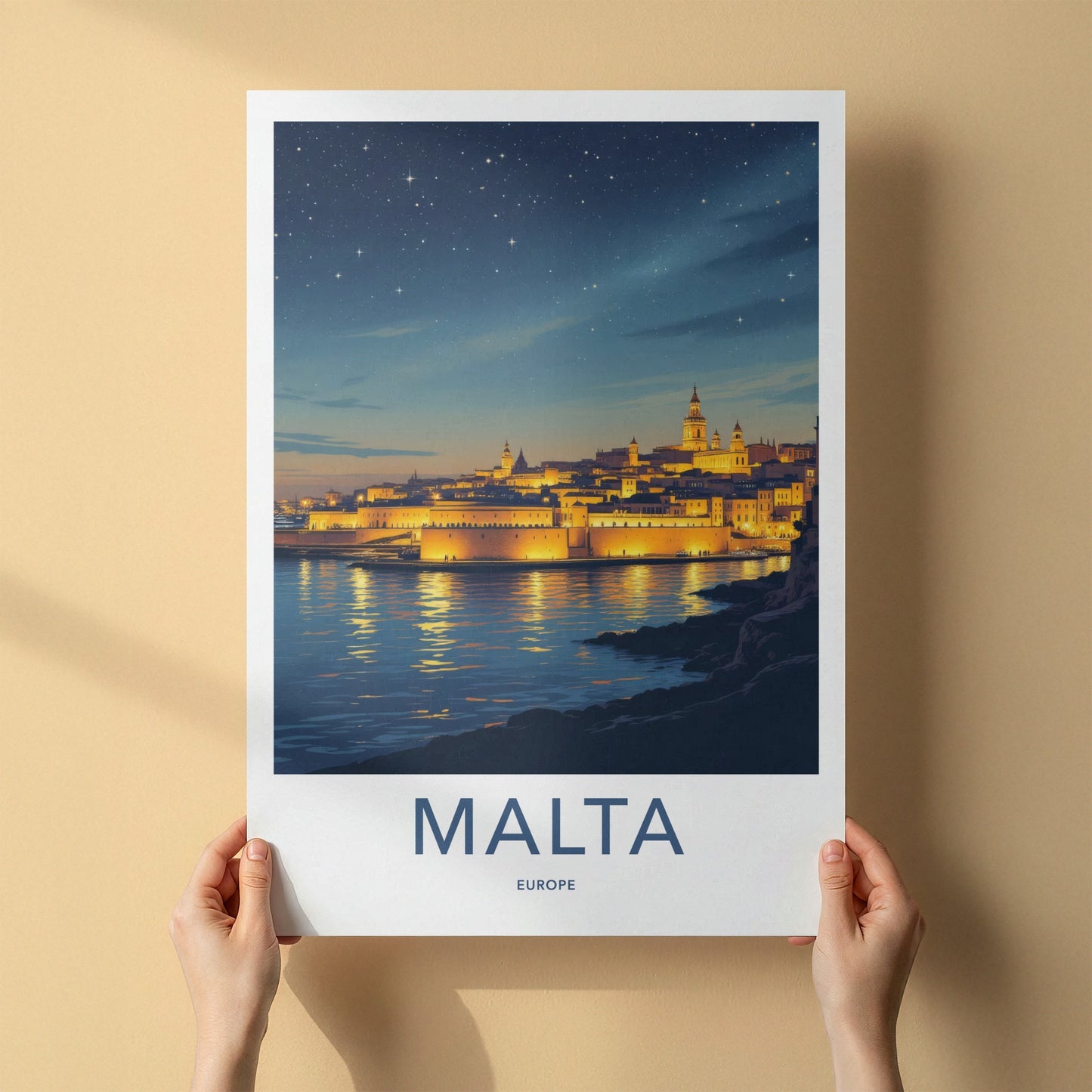 Malta Poster - Malta Travel Art - Illuminated City Reflections Wall Decor