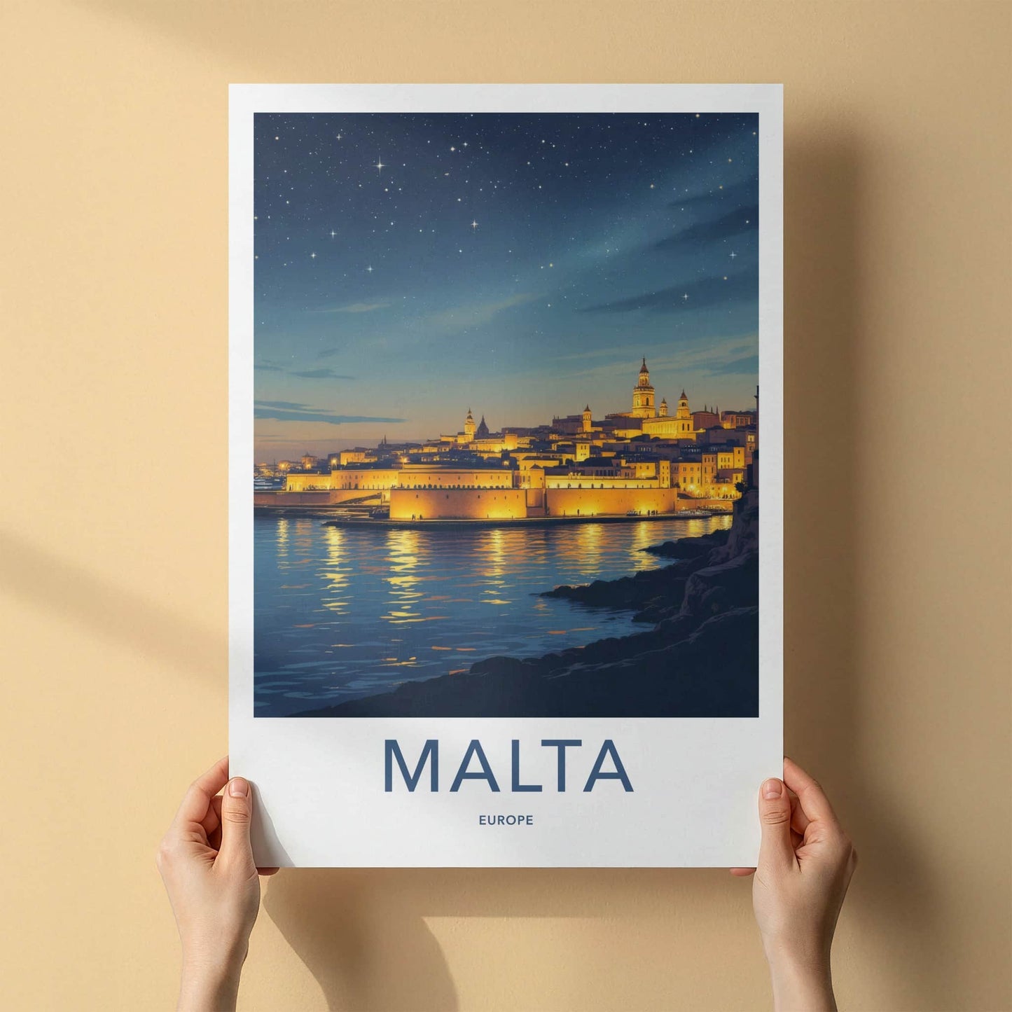 Malta Poster - Malta Travel Art - Illuminated City Reflections Wall Decor