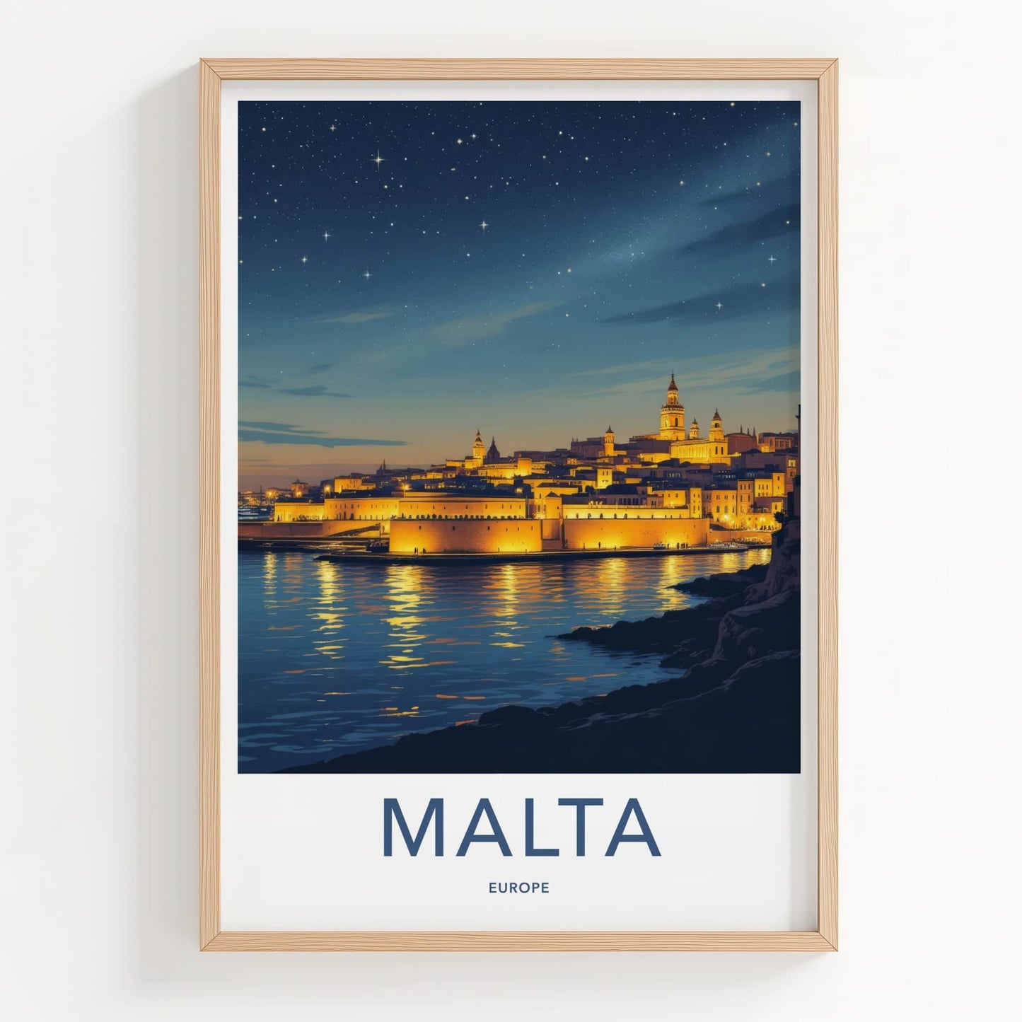 Malta Poster - Malta Travel Art - Illuminated City Reflections Wall Decor