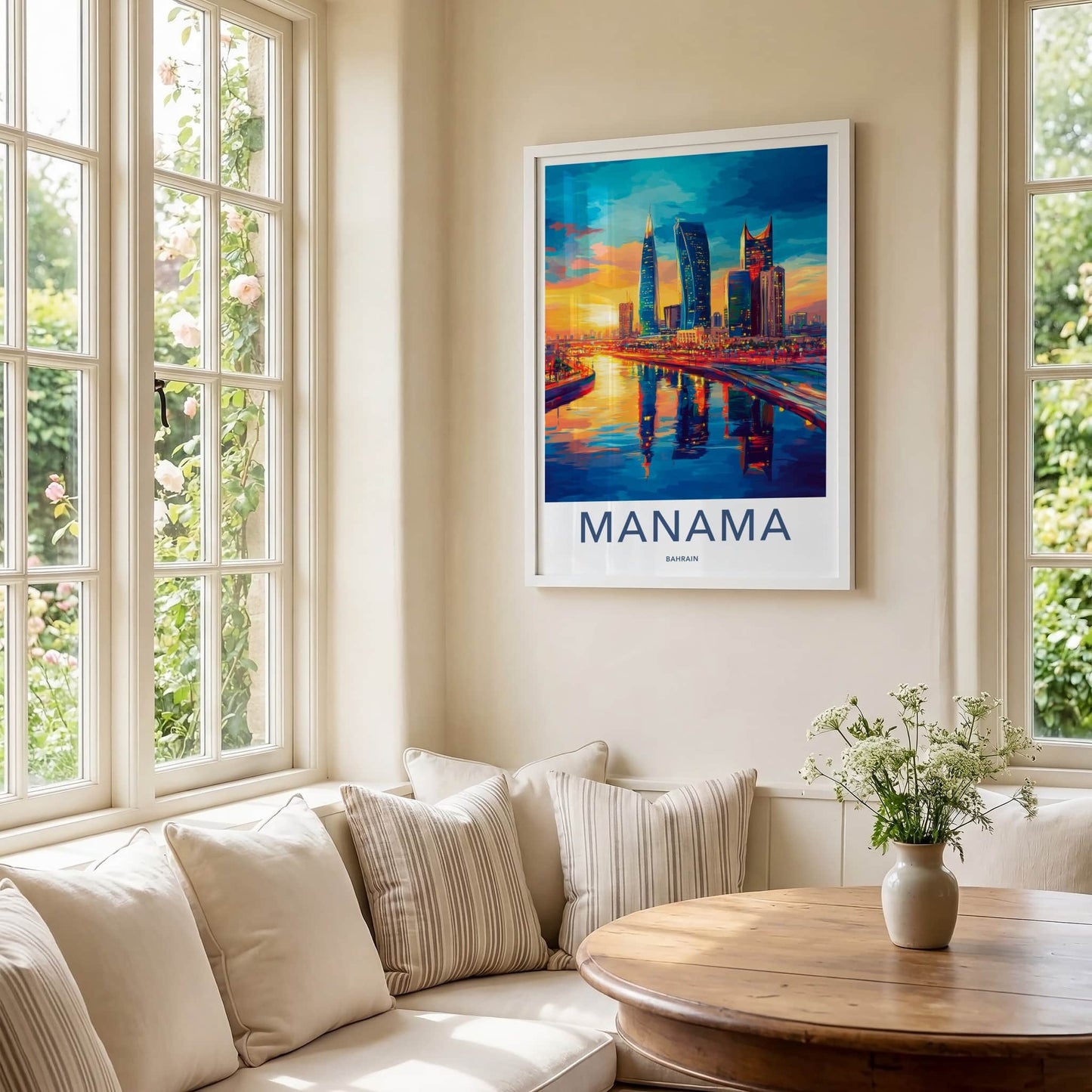 Manama Poster - Bahrain Travel Art - Vibrant Skyline Reflections Home Decor