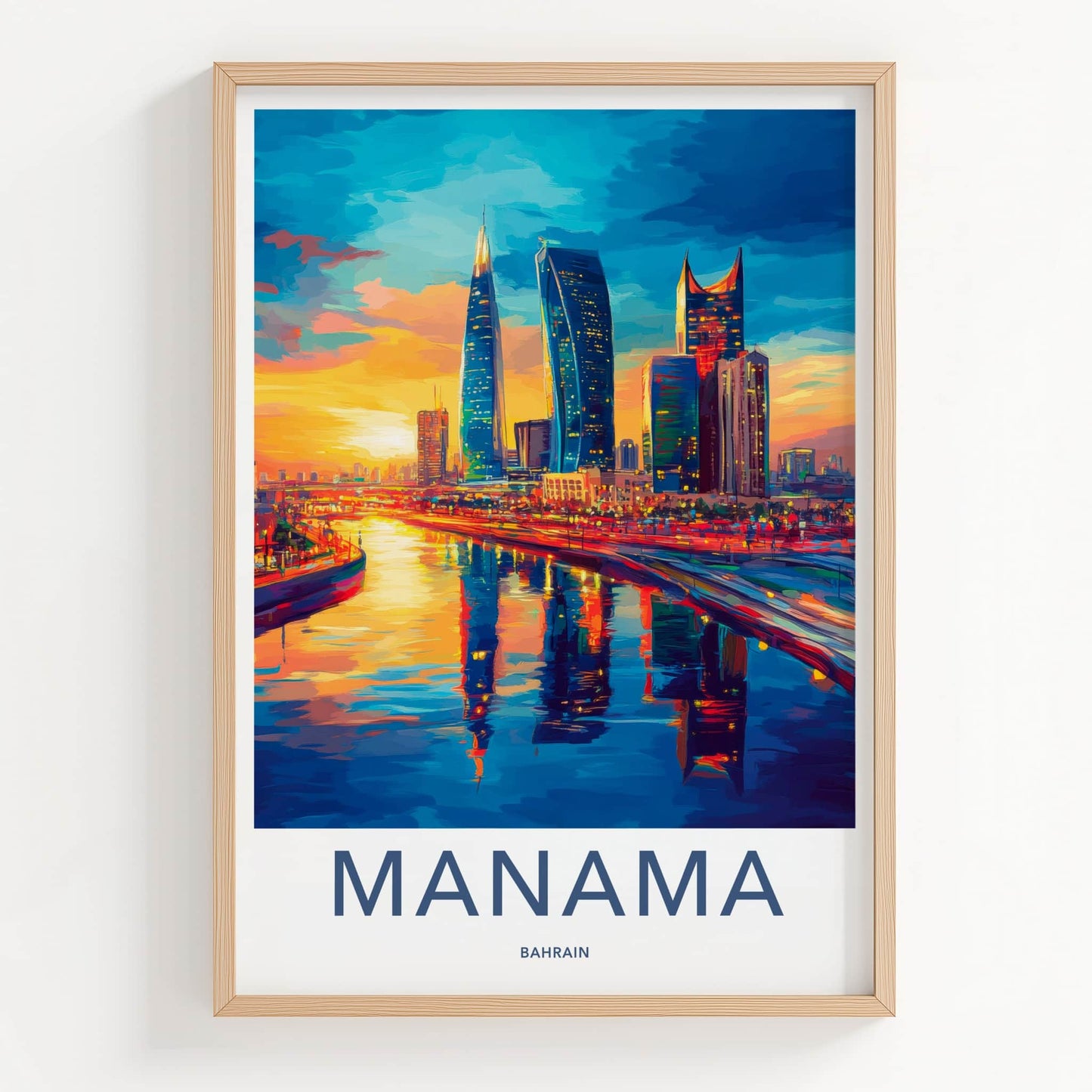 Manama Poster - Bahrain Travel Art - Vibrant Skyline Reflections Home Decor
