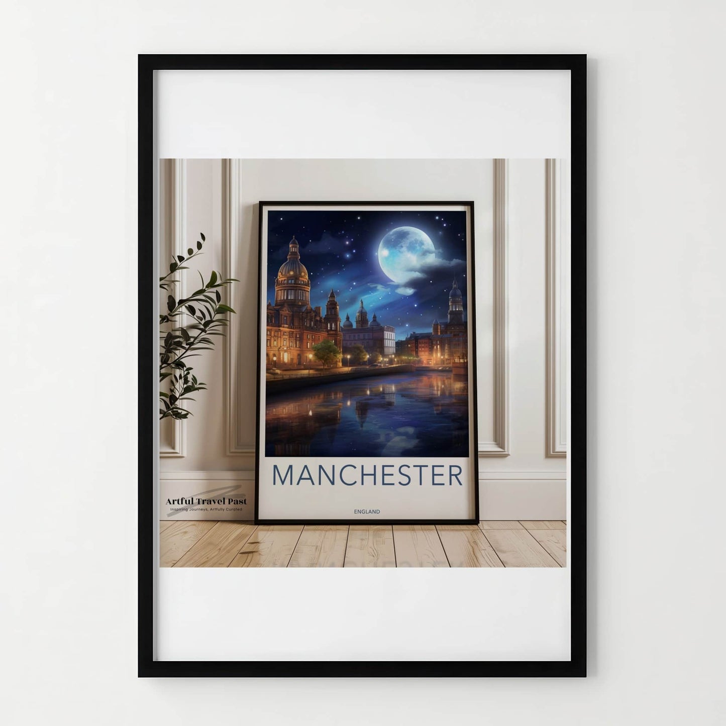 Manchester Poster - England Travel Art - Moonlit City River Reflections Home Decor