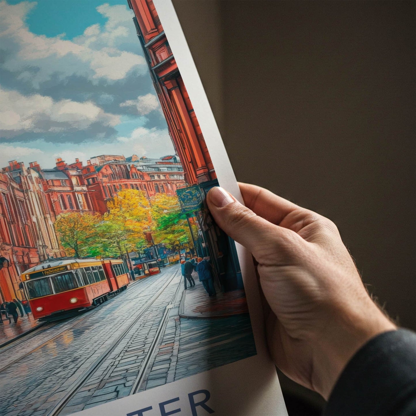 Manchester Poster - England Travel Art - Wet Cobblestone Tram Home Decor