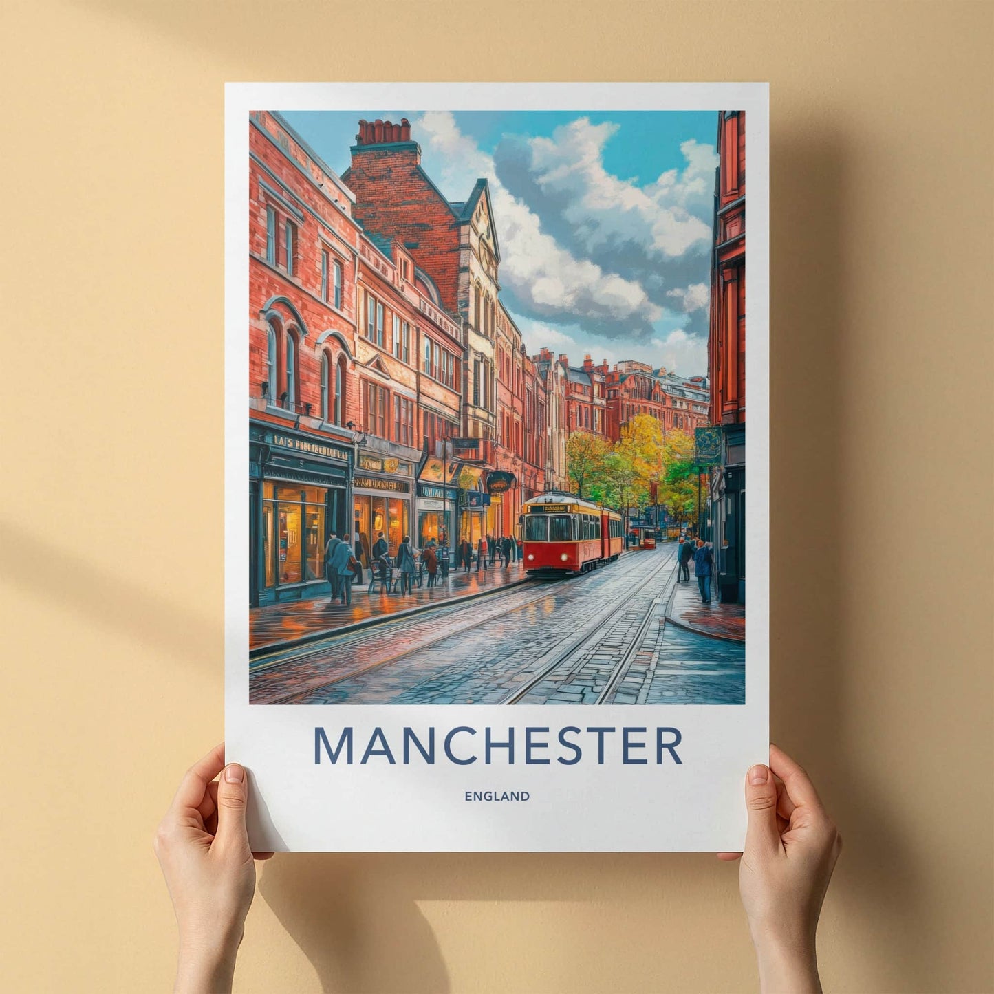 Manchester Poster - England Travel Art - Wet Cobblestone Tram Home Decor