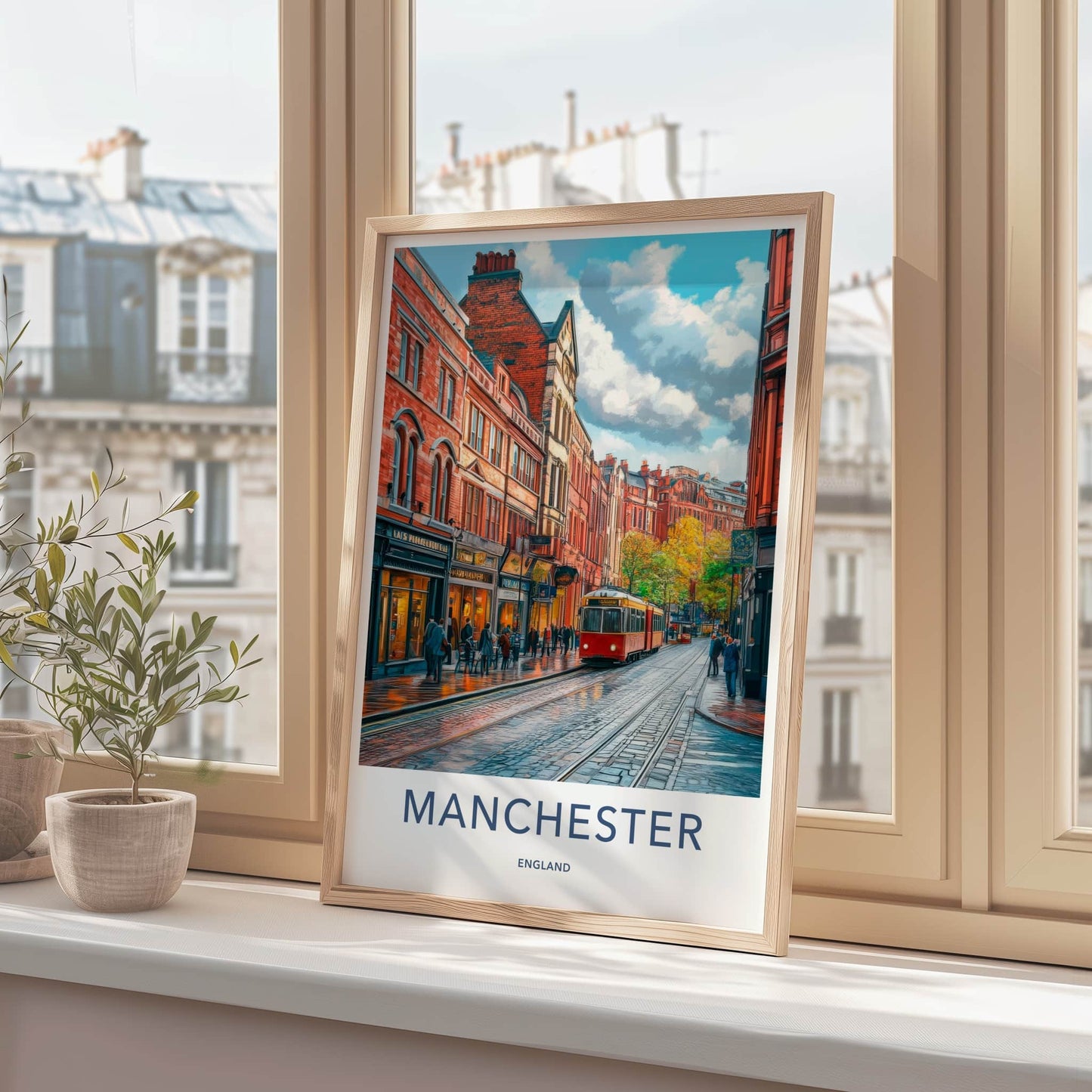 Manchester Poster - England Travel Art - Wet Cobblestone Tram Home Decor