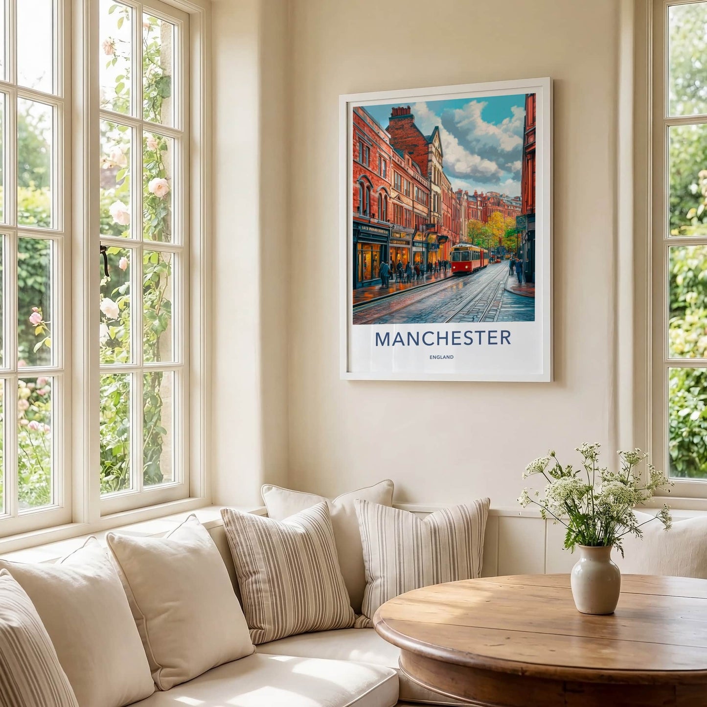 Manchester Poster - England Travel Art - Wet Cobblestone Tram Home Decor