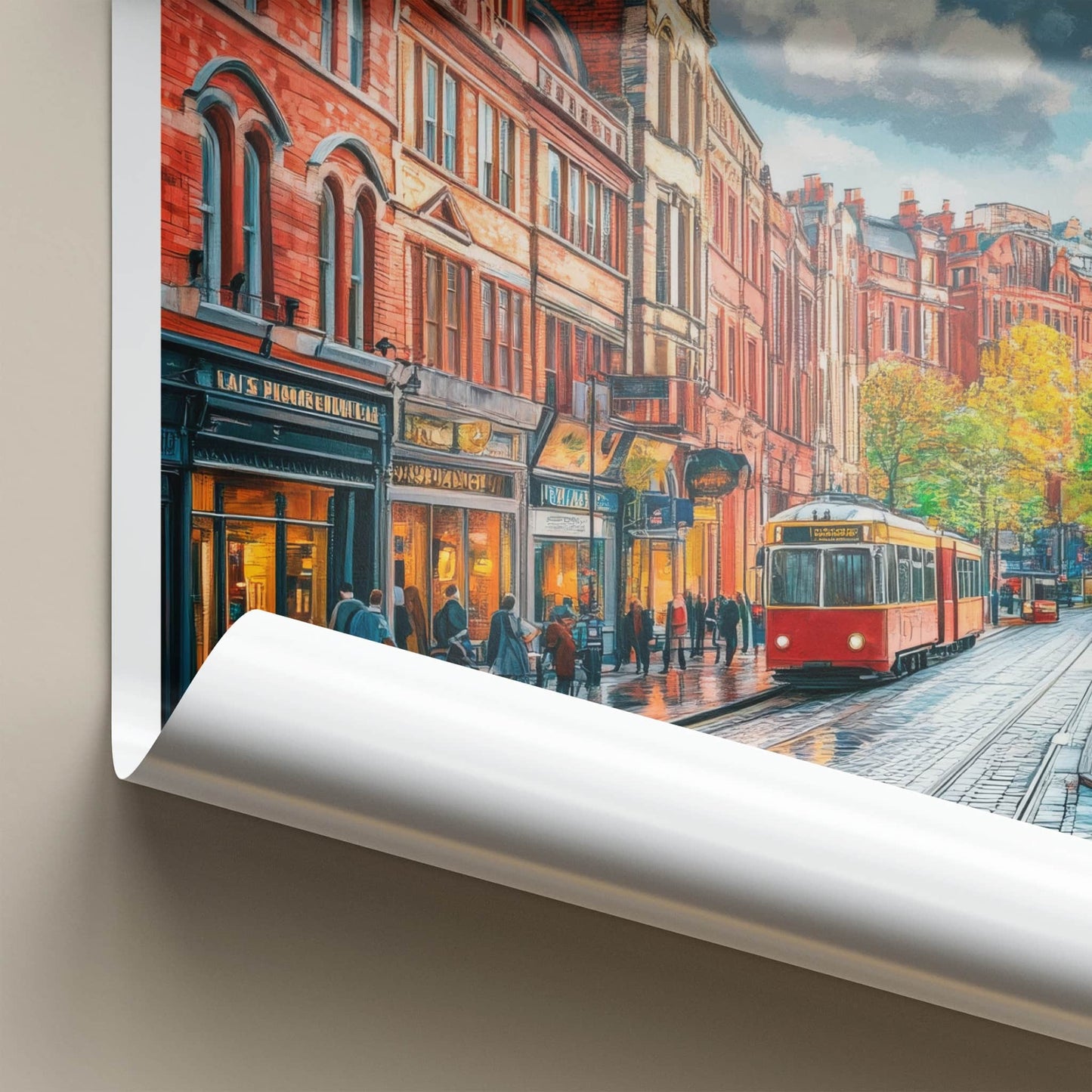 Manchester Poster - England Travel Art - Wet Cobblestone Tram Home Decor
