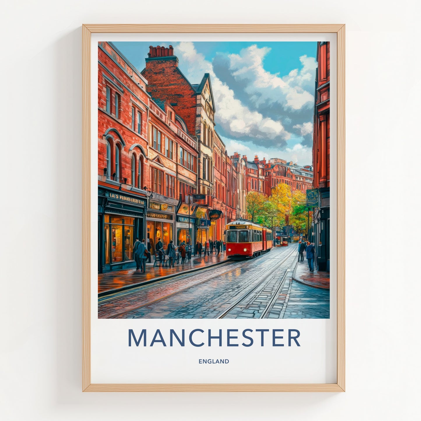 Manchester Poster - England Travel Art - Wet Cobblestone Tram Home Decor