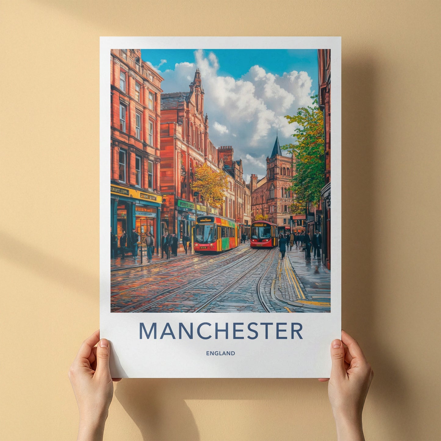 Manchester Poster - England Wall Art - Vibrant Street Trams Home Decor